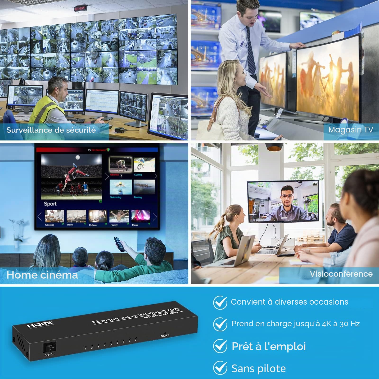 Répartiteur HDMI 1 entrée 8 sorties 4K Splitter Audio Vidéo avec Adaptateur Secteur