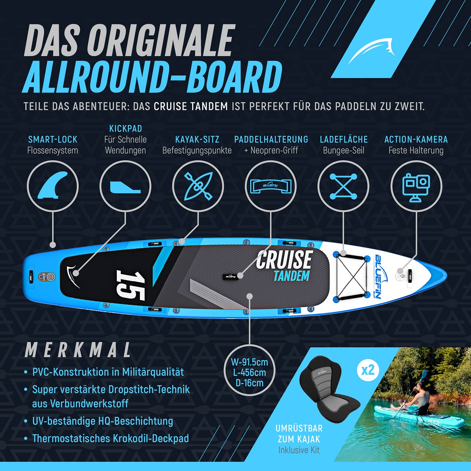 Bluefin Cruise Premium Stand Up Paddle Set | Aufblasbares Paddleboard für Erwachsene | SUP Paket mit Rucksack, Fiberglas-Paddel und Pumpe | 5 Jahre Garantie