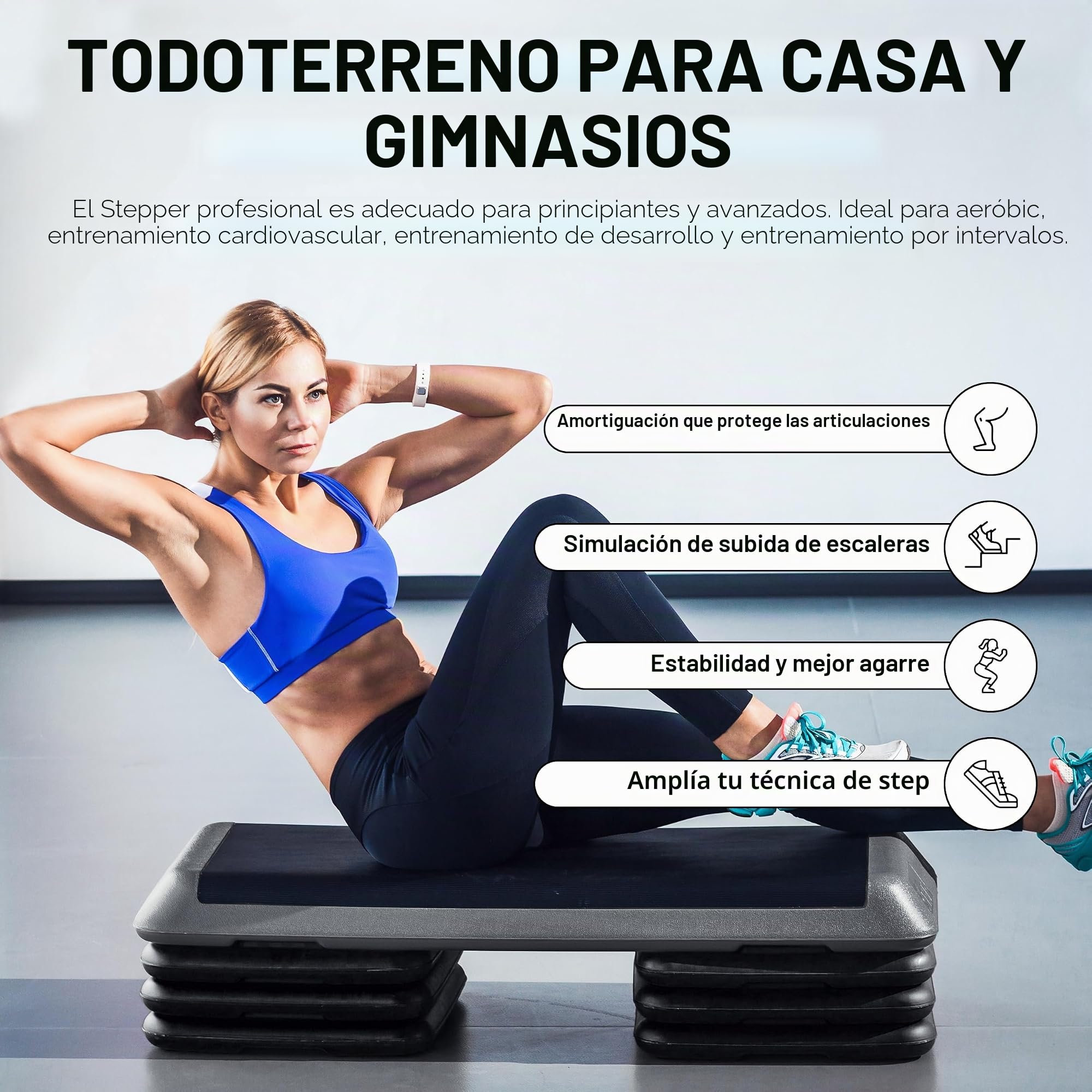 Tablero de paso a paso Professional incluye póster de ejercicios + aplicación Gratis Work Out | Stepper de Gimnasio ajustable en 3 alturas diferentes | Stepper