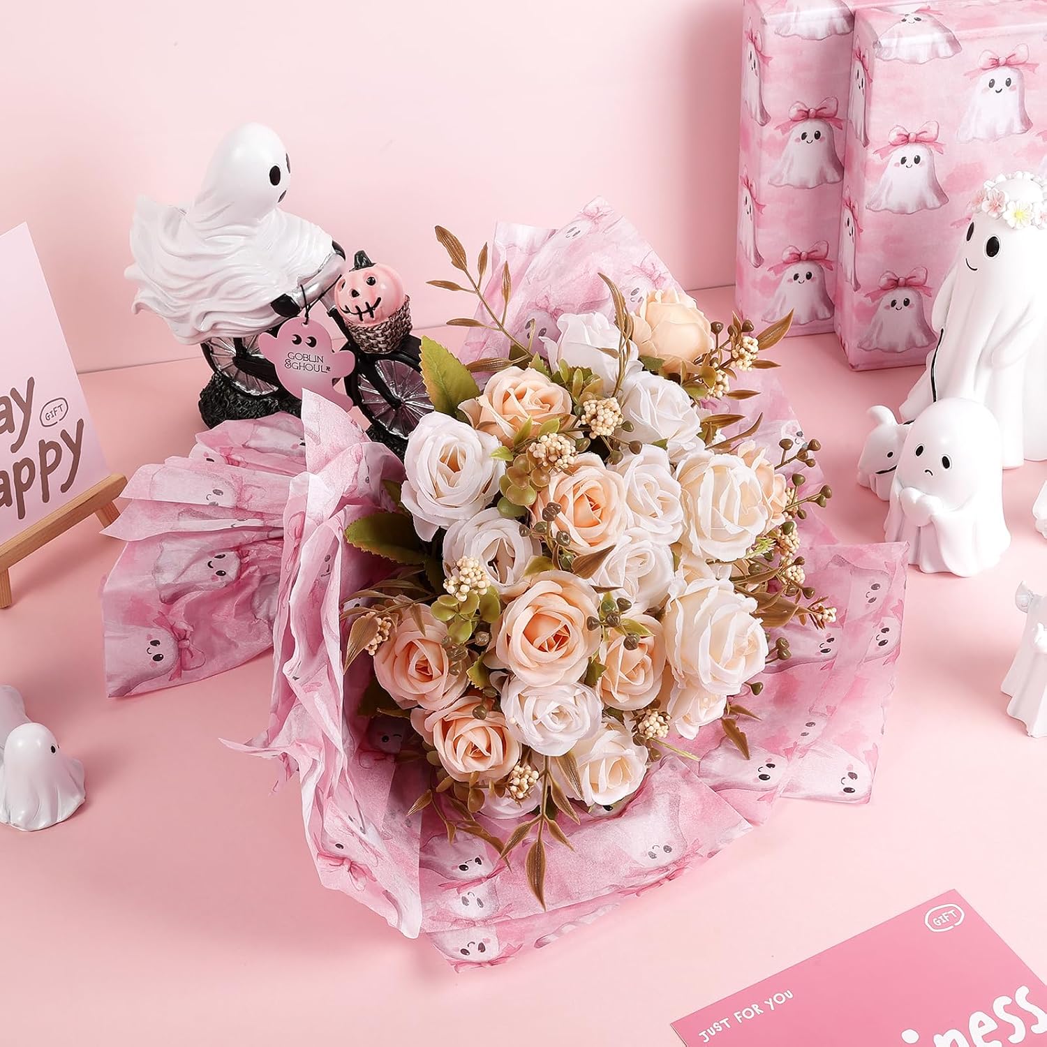 Ywdbzjhs 100 Sheets Pink Ghost Tissue Paper, Coquette Halloween Ghosts Pattern Wrapping Paper for Valentine Birthday Girly Baby Shower Party Supplies, 13.8 x 19.7 Inch