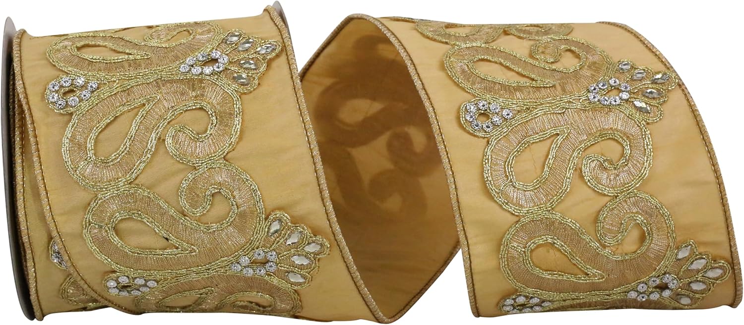 Reliant Ribbon 93441W-810-10D Dupoine Regal Jewel Scroll Trim Embroidery Wired Edge Ribbon, 4 Inch X 5 Yards, Ivory