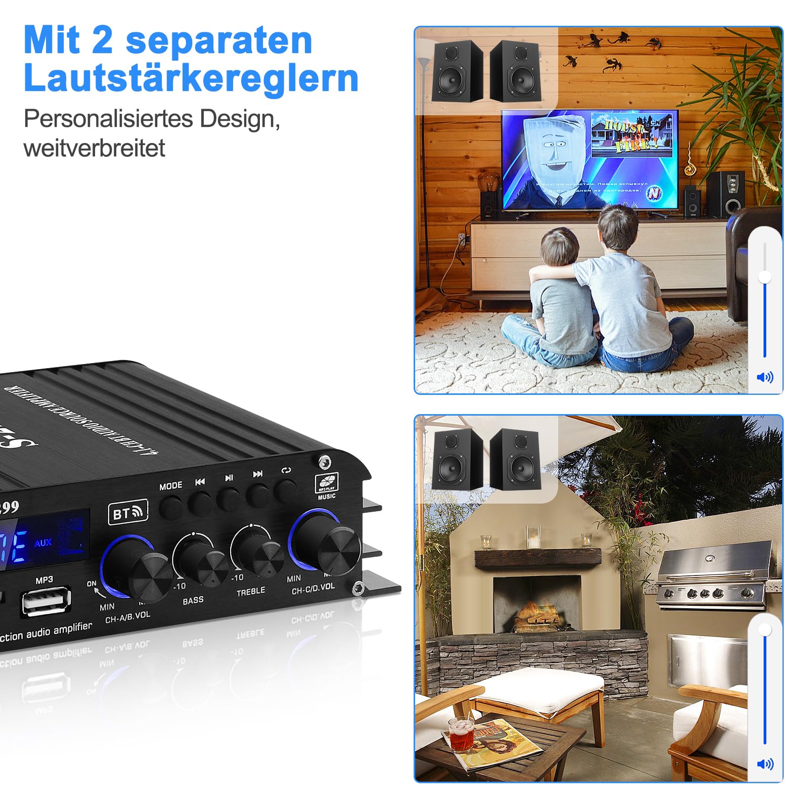 Wzmacniacz HiFi z Bluetooth, S-299 4.1-kanałowy RMS 40 W x 4 + 50 W maks. 800 W Bluetooth 5.0 mini wzmacniacz audio, subwoofer z gniazdem USB SD, AUX, radio FM DC 12 V/5 A do głośników domowych