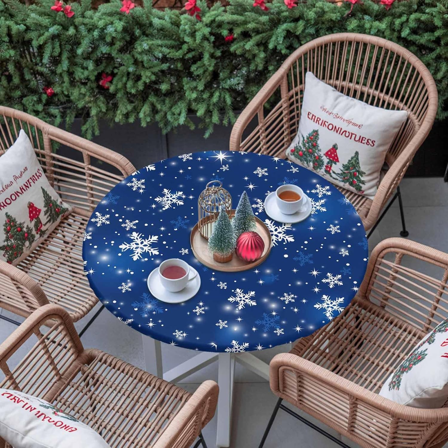 Blue Snowflake Christmas Round Tablecloth, Winter Xmas Fitted Table Cover with Elastic for 55"-60" Round Tables, Snowflake Blue Table Cloth Outdoor Indoor Dinning Party Waterproof Tablecloths