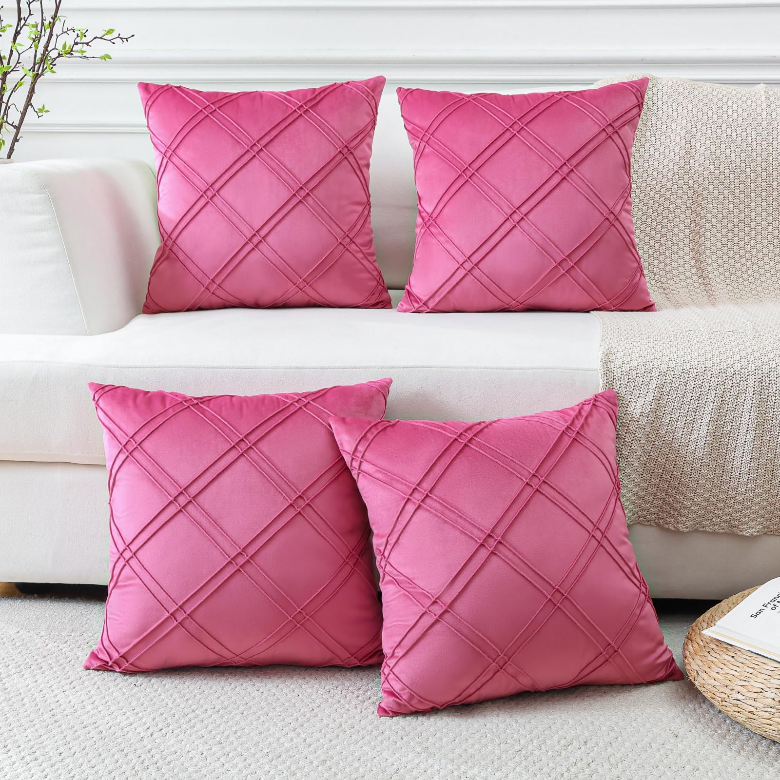 Lot de 4 housses de coussin velours rose vif 40x40 avec zip invisible