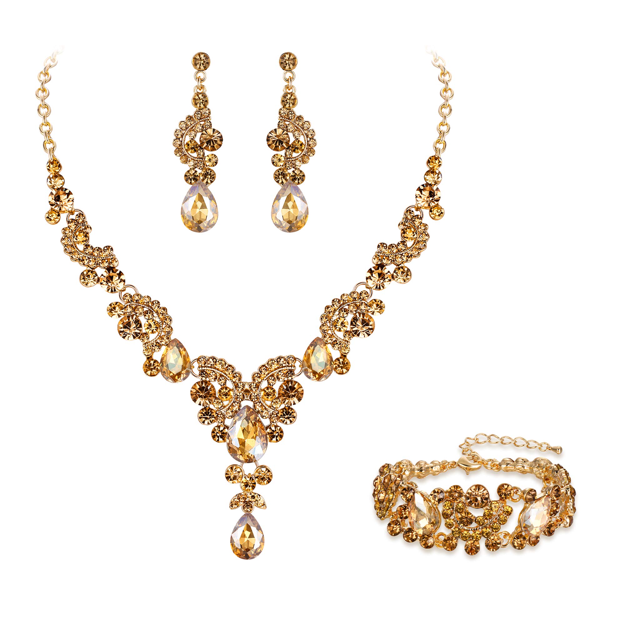 Ever FaithWedding Jewellery Set for Women, Sparkly Rhinestone Crystal Vintage Floral Teardrop Brides Bridal Necklace Earrings Bracelet Sets Prom Party Costume Jewelry 3 Pcs