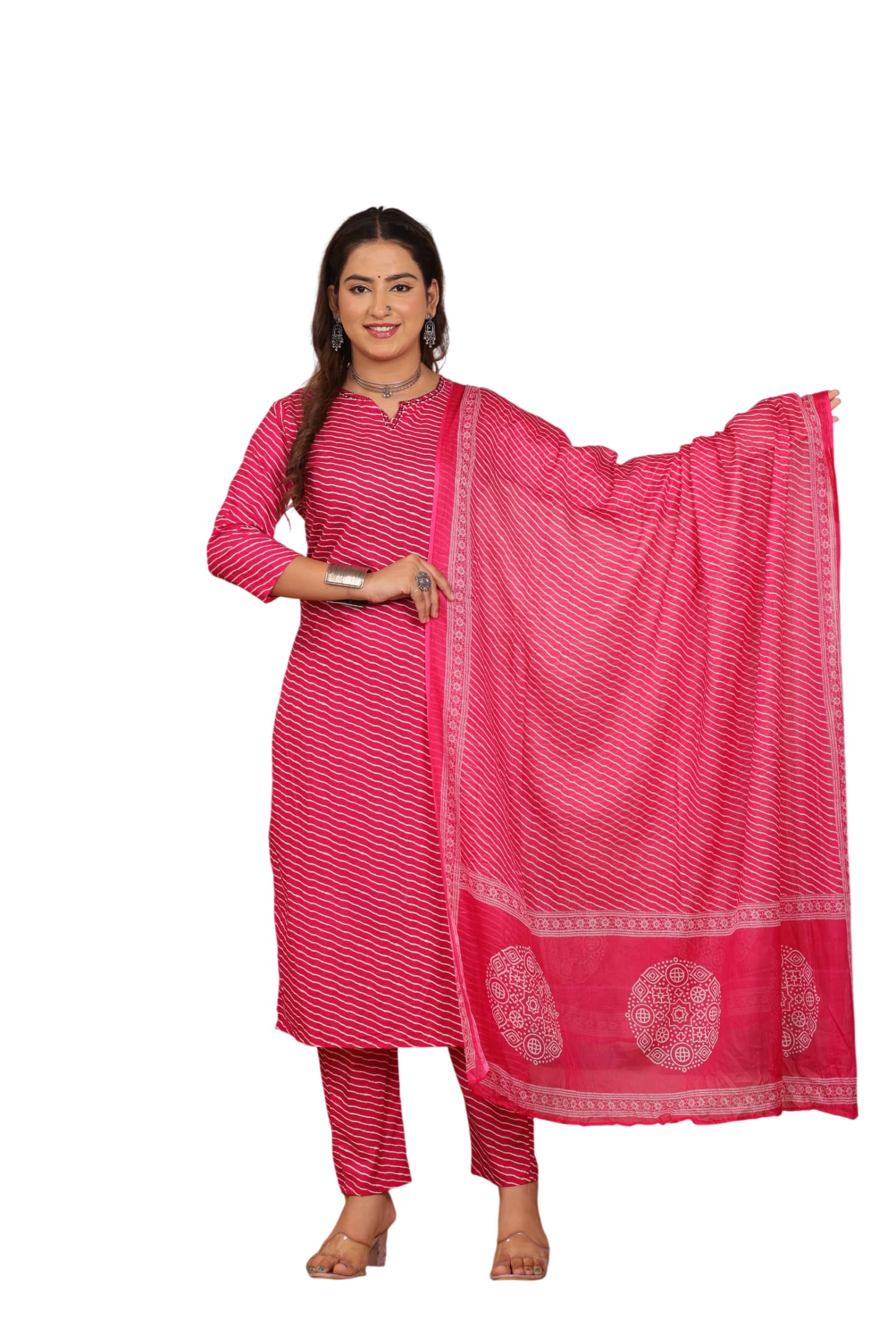 Women's Cotton Leheriya Printed Kurta Set with Pant & Dupatta-image-45