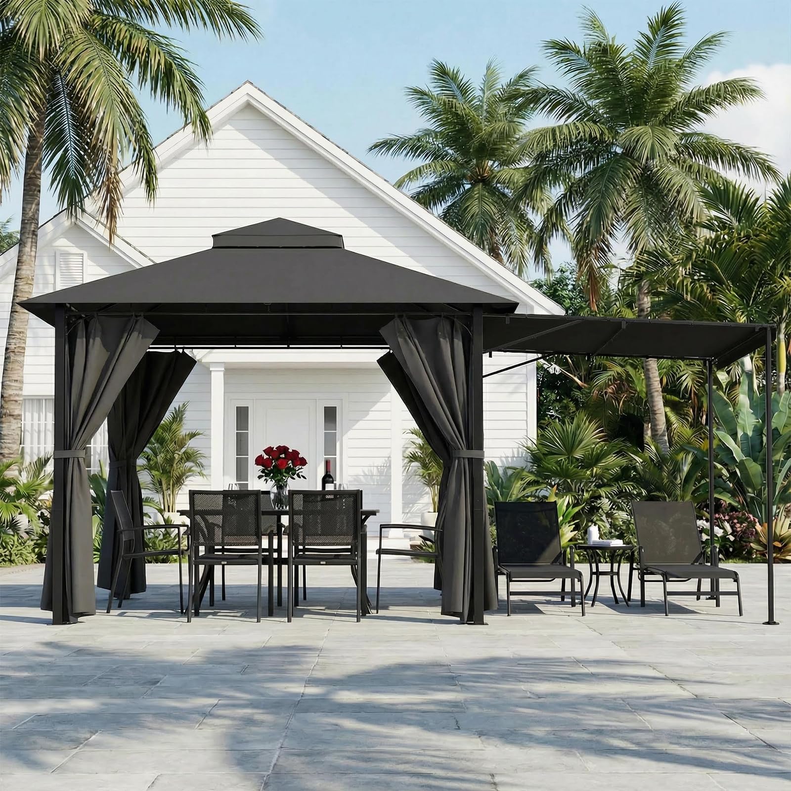JUMMICO Gazebo 3 x 3 m Barbecue Gazebo with 1.8 m Adjustable Awning, Expandable to 3 x 4.8 m, for 6-10 People for Relaxing, Barbecuing and Celebrating, with Four Sided Fabric Trim, Dark Grey