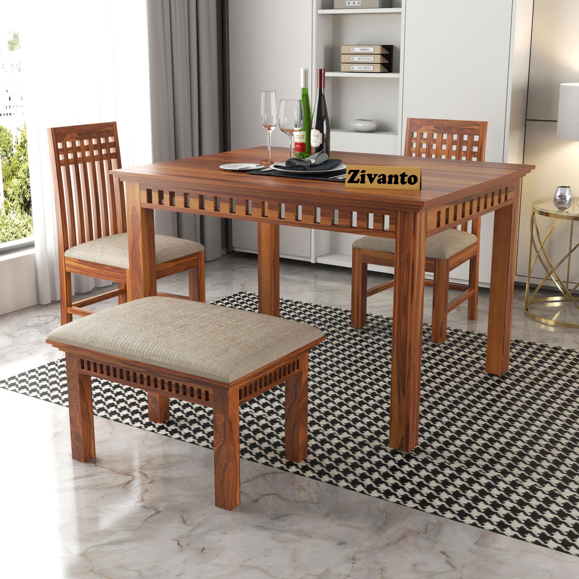 Zivanto Solid Sheesham Wood Dining Table 4 Seater | Four Seater Dinning Table with 2 Cushioned Chairs & 1 Bench for Home | Rosewood, Natural Teak Finish, Self Assembly Required-image-23