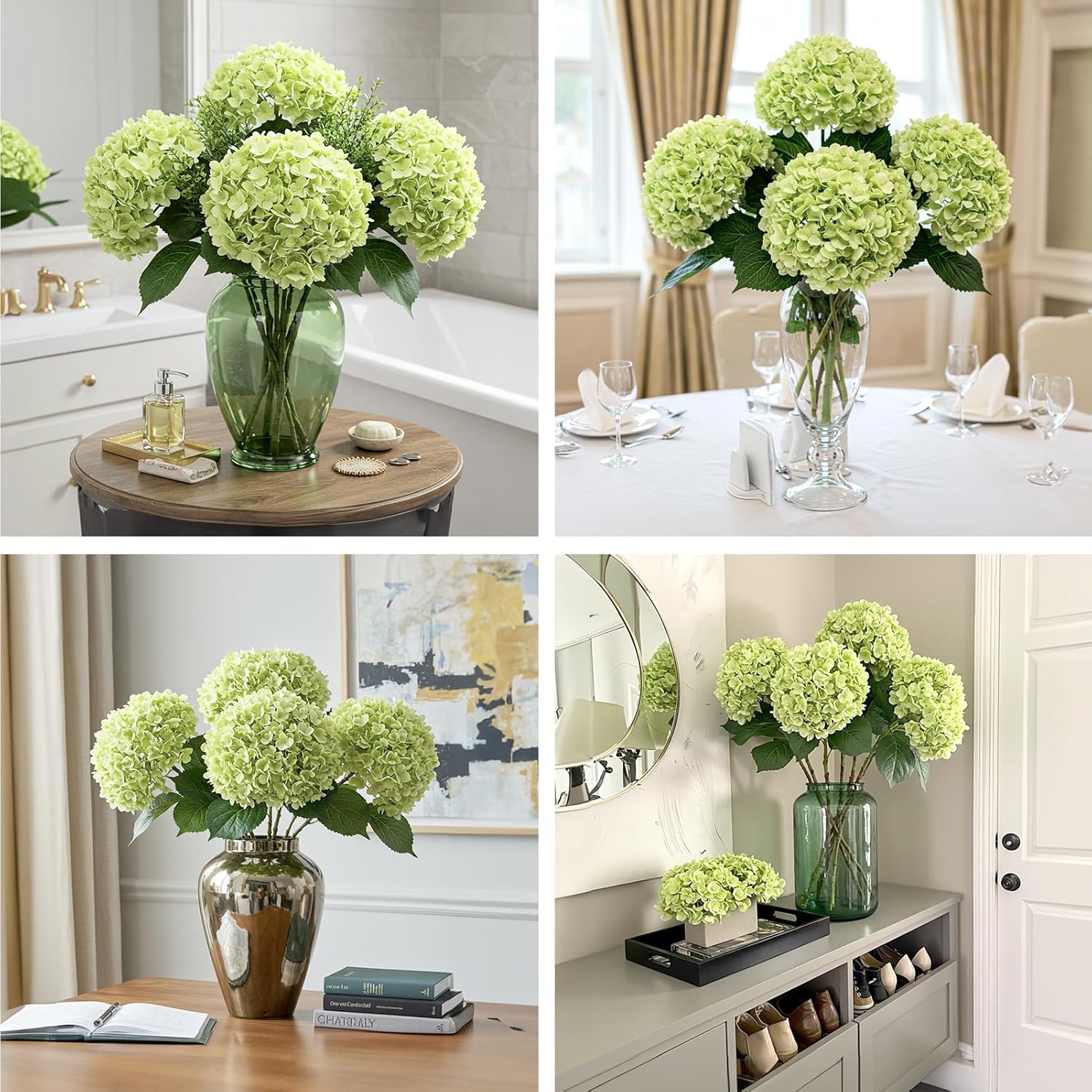 Auihiay 4PCS Green Hydrangea Artificial Flowers, 21" Faux Silk Hydrangeas, Realistic Hydrangea Flowers with Long Stems for Table Centerpieces, Bathroom, Home Decor, Living Room - Image 7