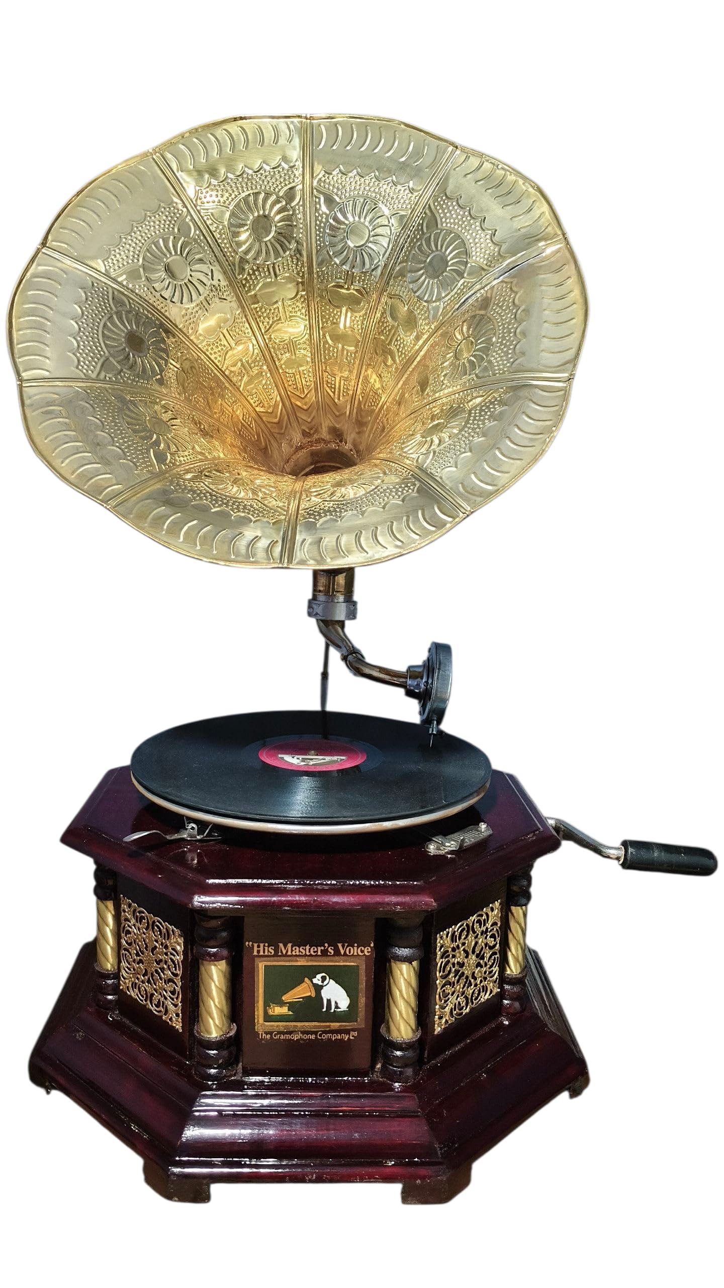 HMV Antique Vintage Replica Gramophone Phonograph Record Player | Fully Working Model | Handmade Wooden Base with Brass Horn | Decorative Antique Showpiece by TAHA Art Jaipur-image-4