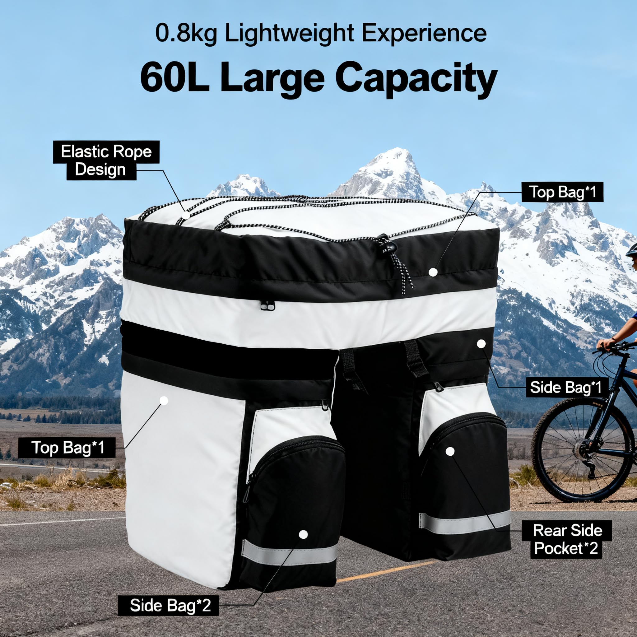 Borsa per portapacchi da 60 litri, di grande capacità, impermeabile, 3 in 1, multifunzionale, per sedile posteriore, per mountain bike, bici da strada, biciclette pieghevoli