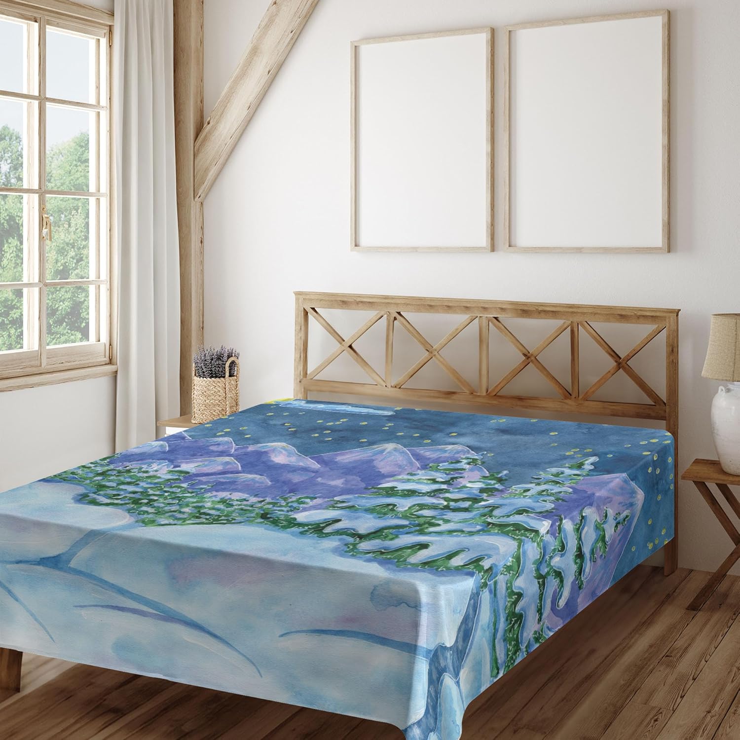 Ambesonne Christmas Flat Sheet, Print of Winter Scenery Snow on Pine Trees Full Moon New Year Themed, Soft Comfortable Top Sheet Decorative Bedding 1 Piece, Queen Size, Blue Violet