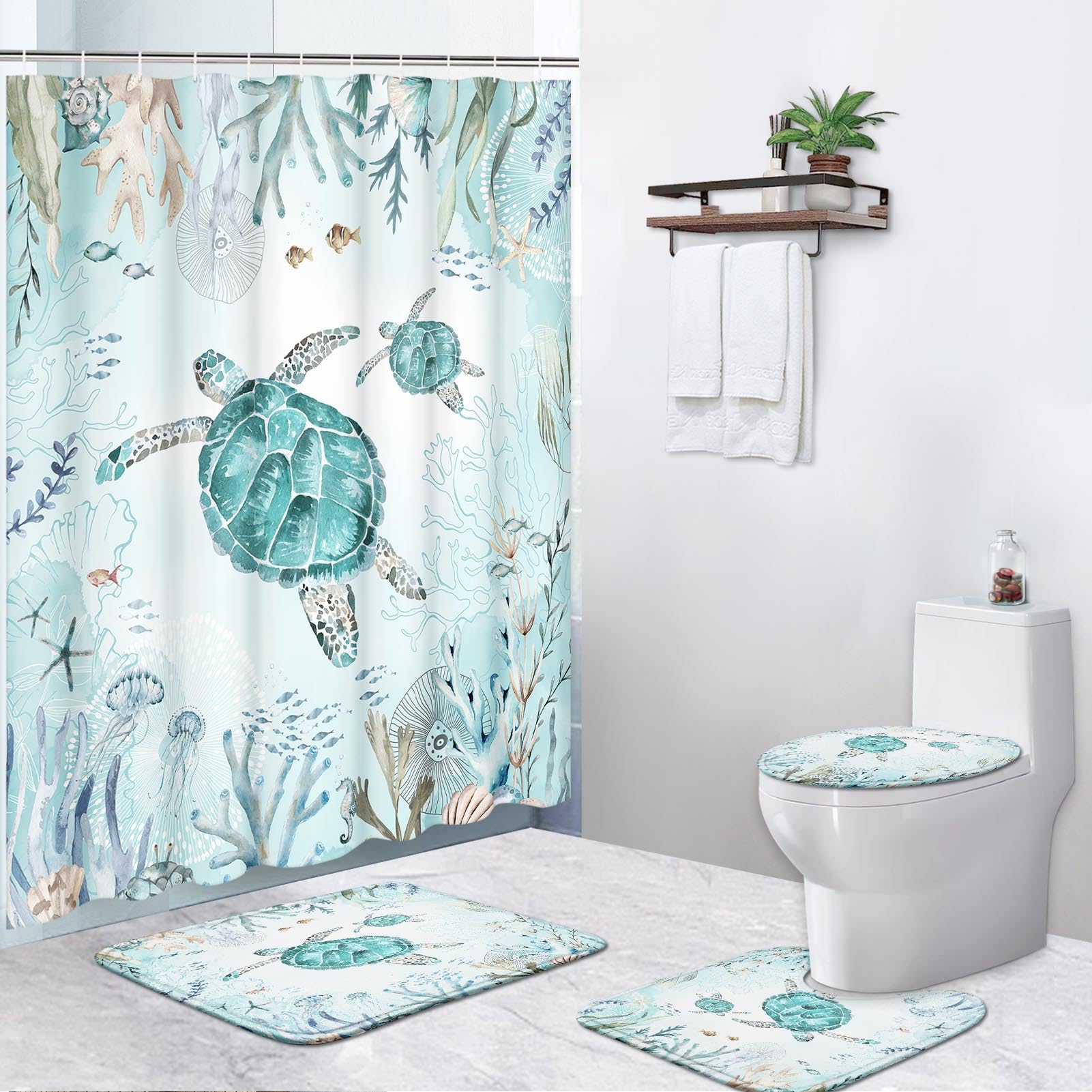 Bribay 4 Piece Shower Curtain Set, Sea Turtle Waterproof Bathroom Set Accessories with Non-Slip Rugs, Toilet Lid Cover Bath Mat and 12 Hooks,