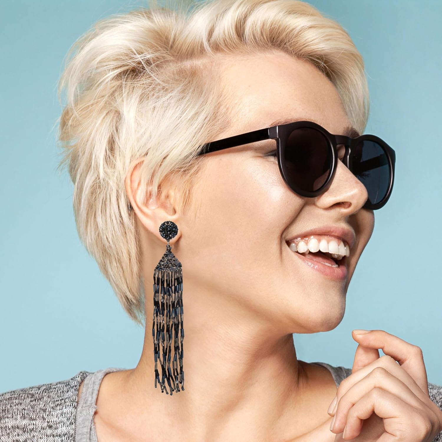 SPUNKYsoul Handmade Beaded Boho Earrings, Ombre Mixed Metallic Seed Bead Long Fringe Statement Earrings, Jewelry for the Modern Bohemian Women (BLACK & SILVER) - Image 2