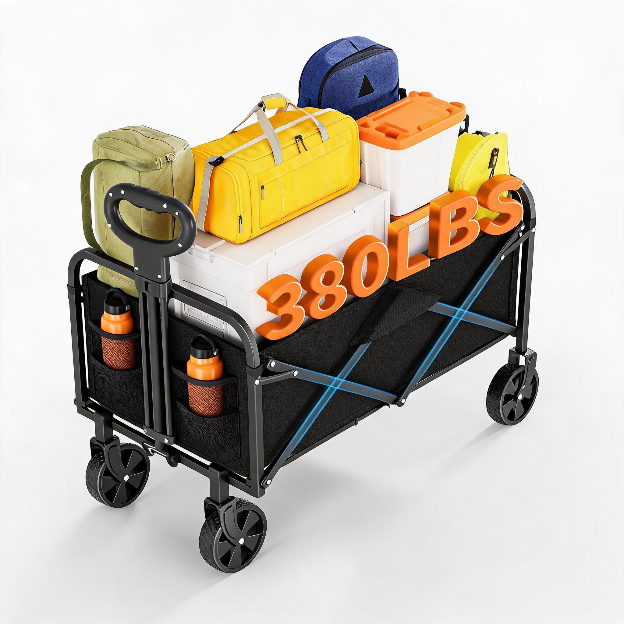 Aptliton Black 220L Foldable Wagon, Heavy Duty Camping Trolley, Festival Trolley On Wheels