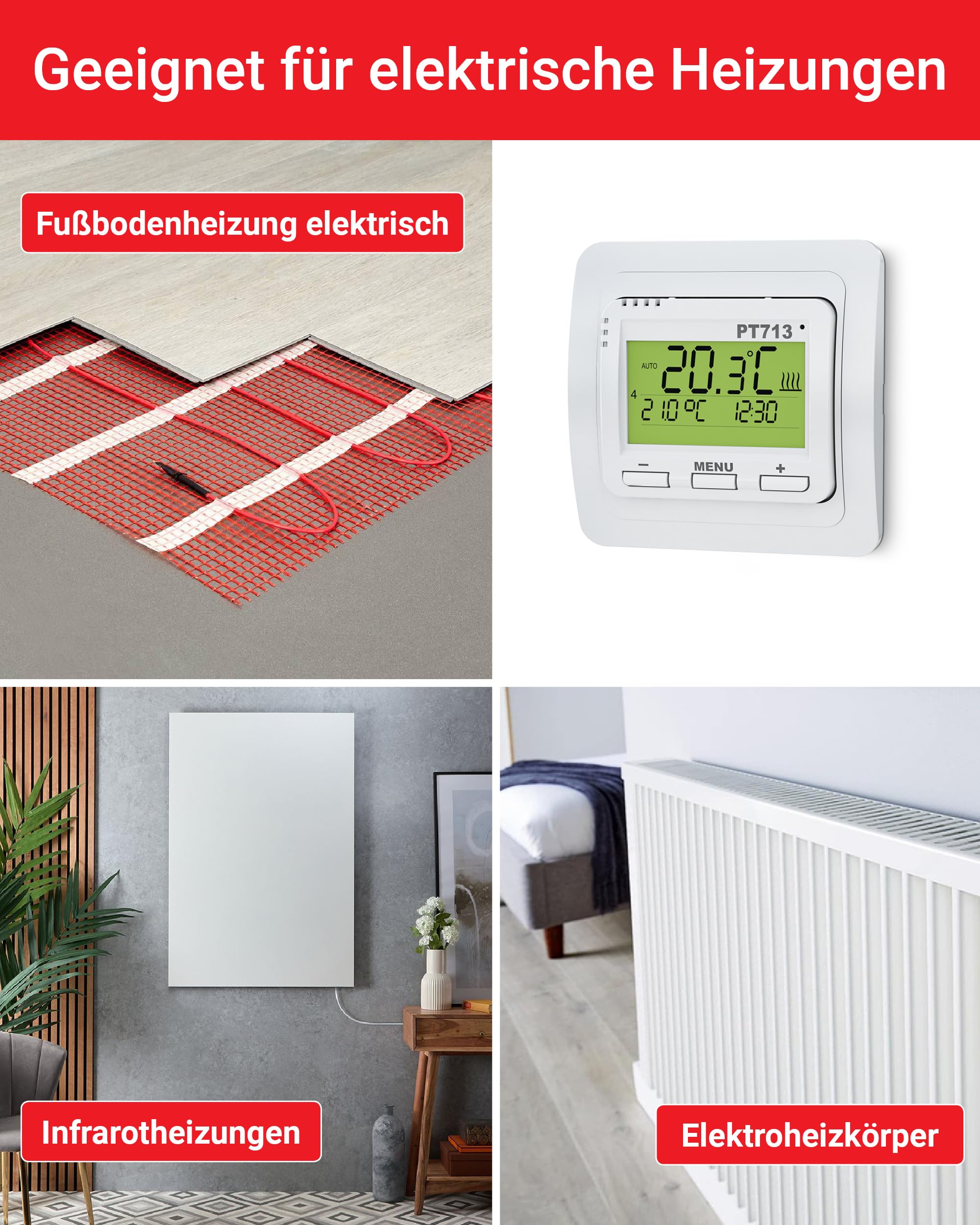 ELEKTROBOCK PT713-EI Digitaler Wandthermostat - 𝖵𝖤𝖱𝖡𝖱𝖠𝖴𝖢𝖧𝖲𝖡𝖤𝖱𝖤𝖢𝖧𝖭𝖴𝖭𝖦 - Programmierbar - LCD Display Beleuchtet - Externer Fühler inklusive - Elektrische Heizungen