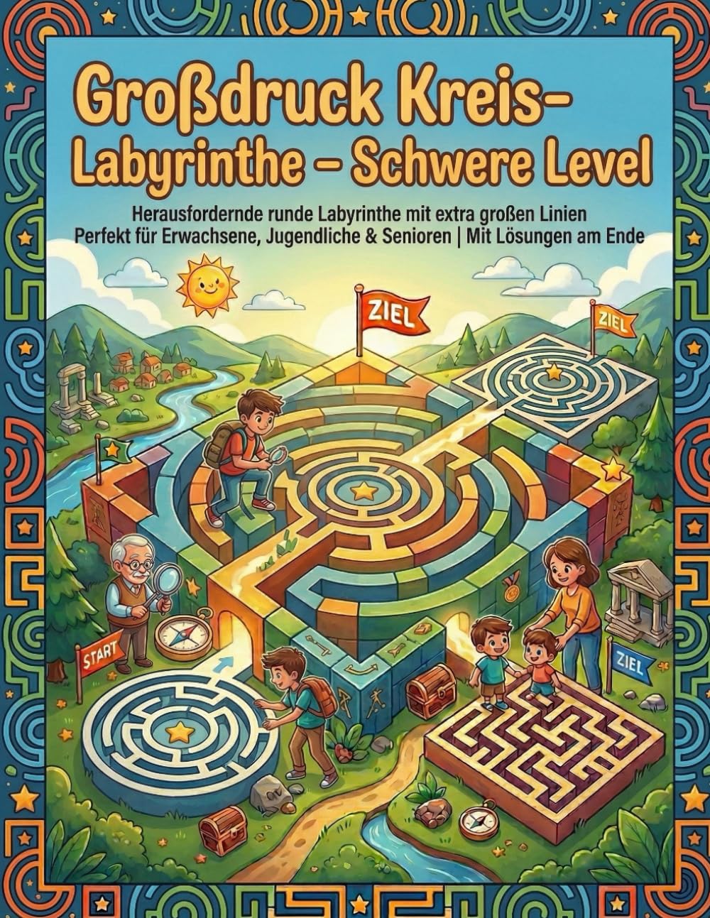 Großdruck Kreis-Labyrinthe – Schwere Level: Herausfordernde runde Labyrinthe mit extra großen Linien | Perfekt für Erwachsene, Jugendliche & Senioren | Mit Lösungen am Ende