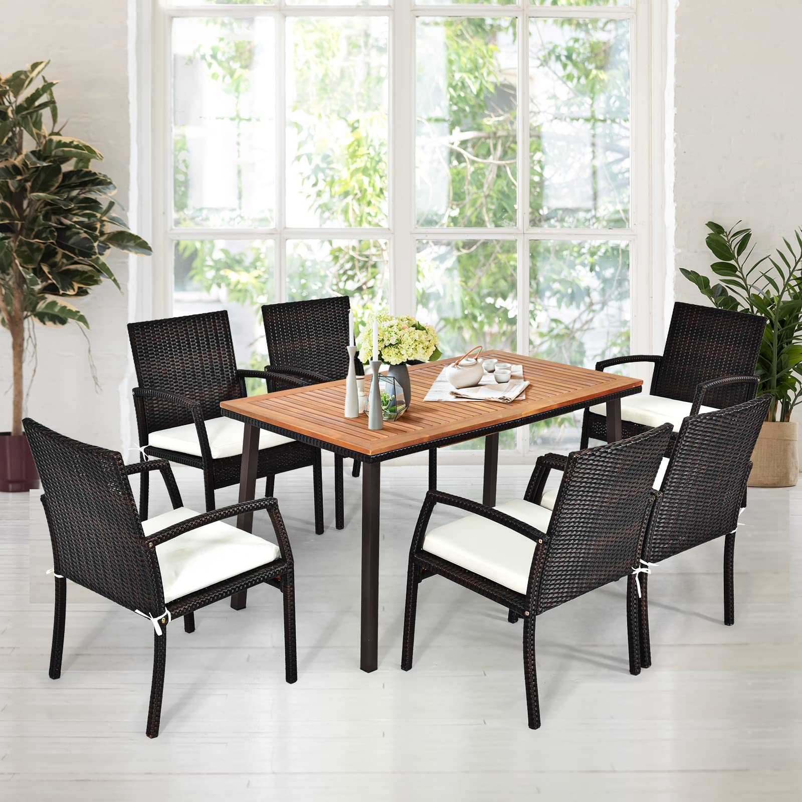 KOMFOTTEU Tavolo da Giardino Rettangolare con Foro per Ombrellone, Tavolo da Esterno in Legno di Acacia, Tavolo da Pranzo con Gambe in Metallo per 6-8 Persone, 140 x 75 x 76 cm