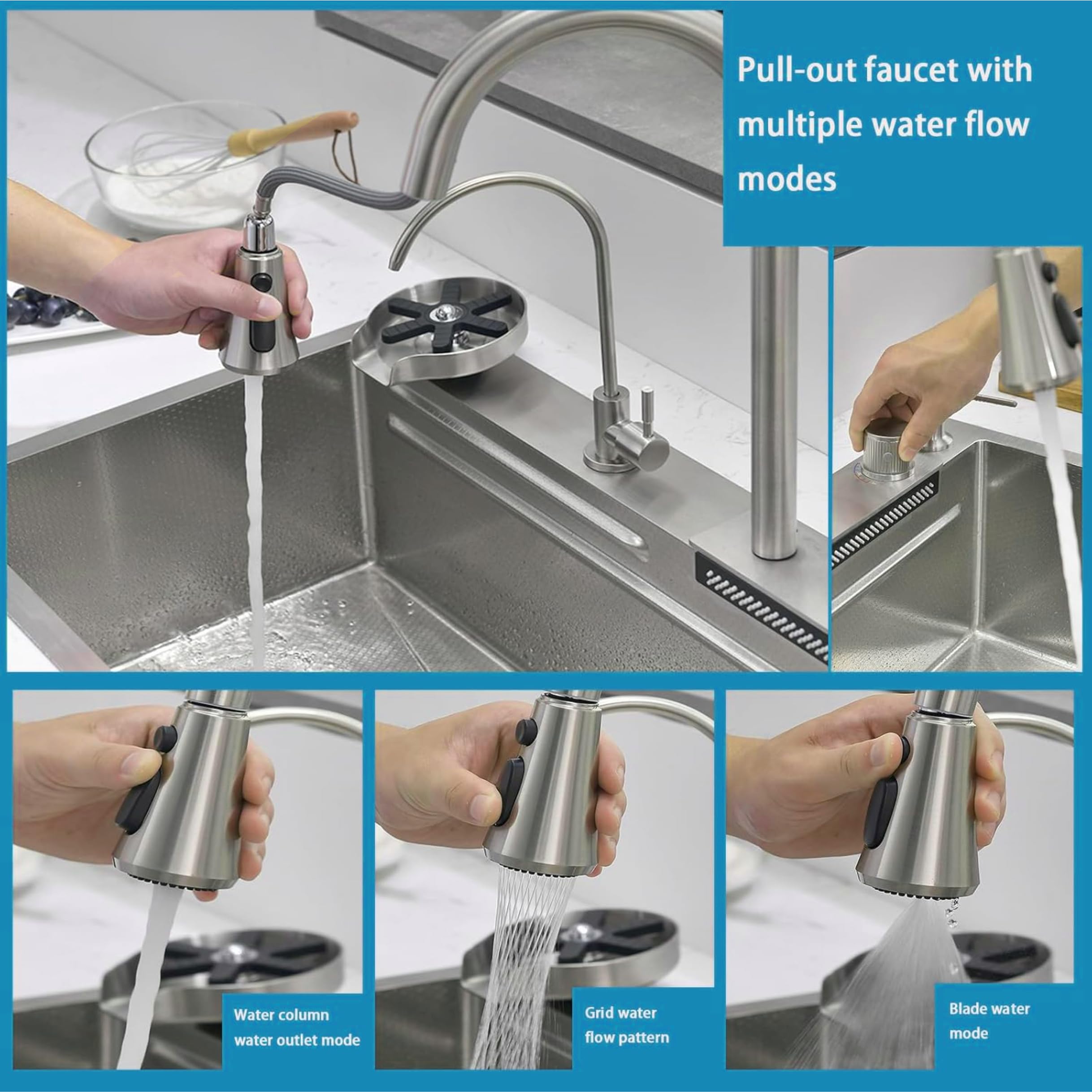 Fossa 30"x18"x09" 7-Year Warranty Single Bowl Waterfall Smart Kitchen Sink Stainless Steel 304 Grade Honeycomb Embossed Sink with Nano Coating, Includes All Accessories. (Silver)