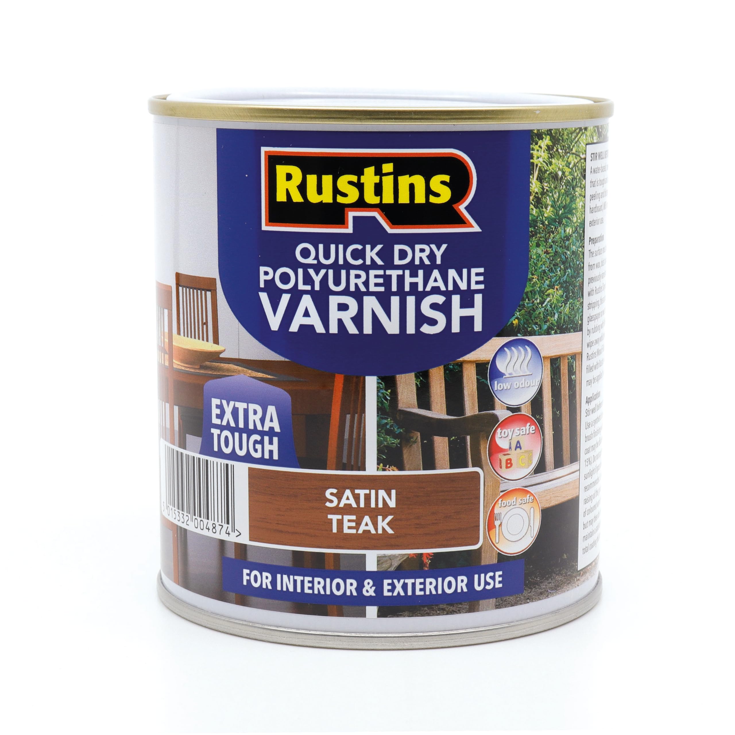 Rustins Quick Dry Polyurethane Varnish Extra Tough Satin Teak 1L