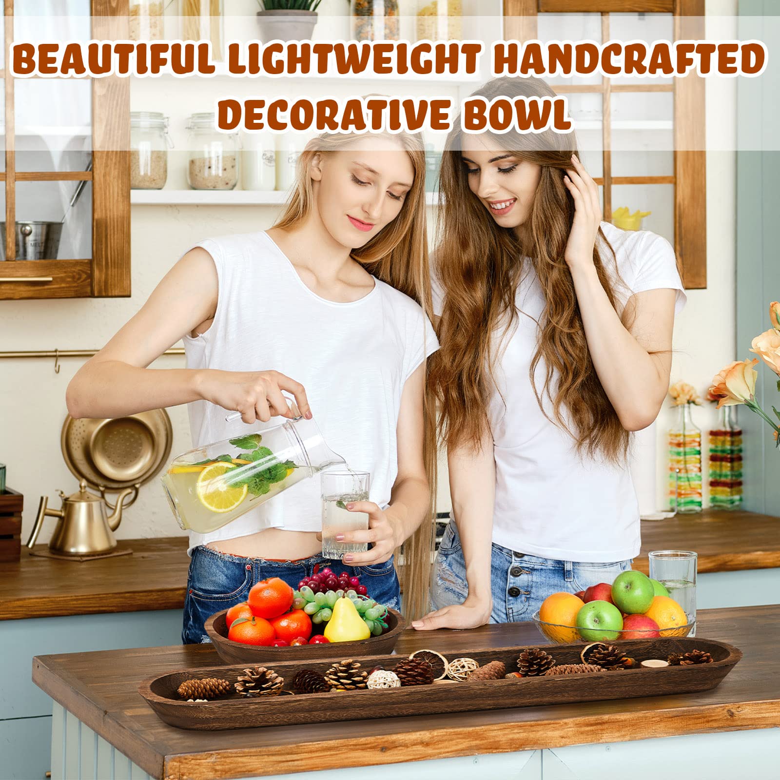 Tessco 30 Inch 14 Inch Decorative Dough Bowls for Home 2 Pieces Wooden Dough Bowl Wooden Bowls Rustic Bread Bowl Long Wooden Bowl for Kitchen Home Dining Table Centerpiece Decorations