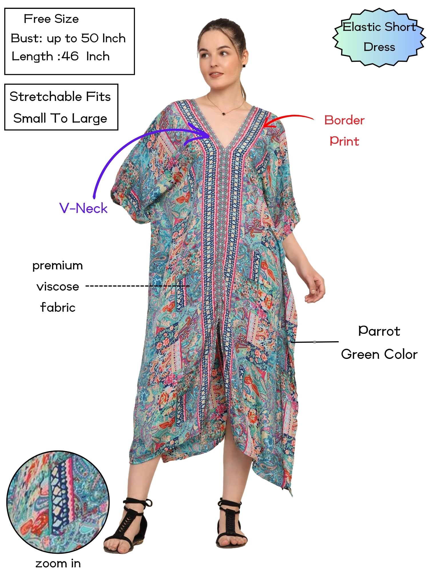 KE KANHA EXPORTS Long Kaftan for women's & girls unique border design and tassel stretchable adjustable drawstring free size western kaftan fit flared floral all seasons-1213 - Image 2 thumbnail