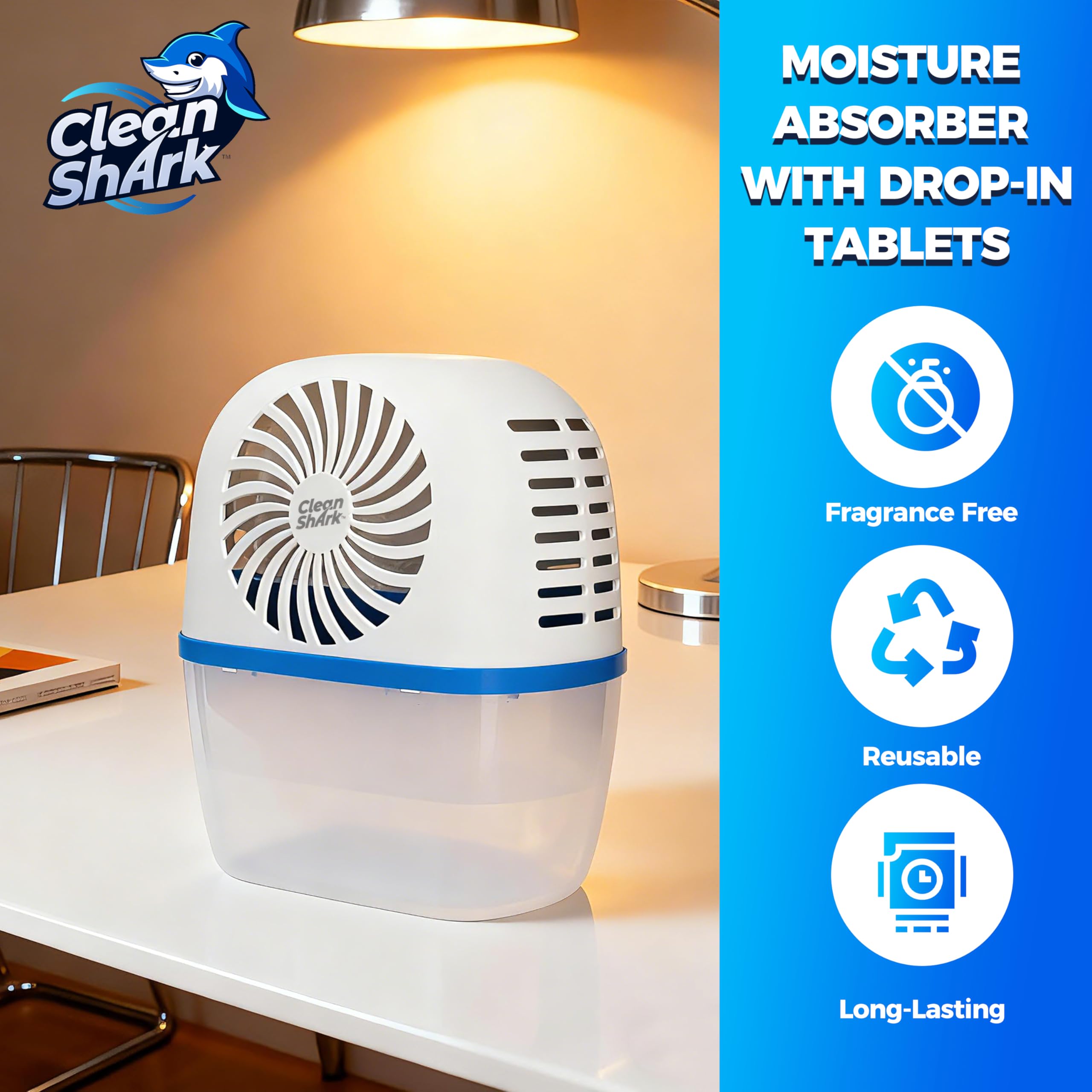 CleanShark Assorbitore di umidità con compresse drop-in, assorbitori di umidità riutilizzabili per armadi e aree umide, include 2 compresse deumidificatori a lunga durata (500 ml), senza profumo