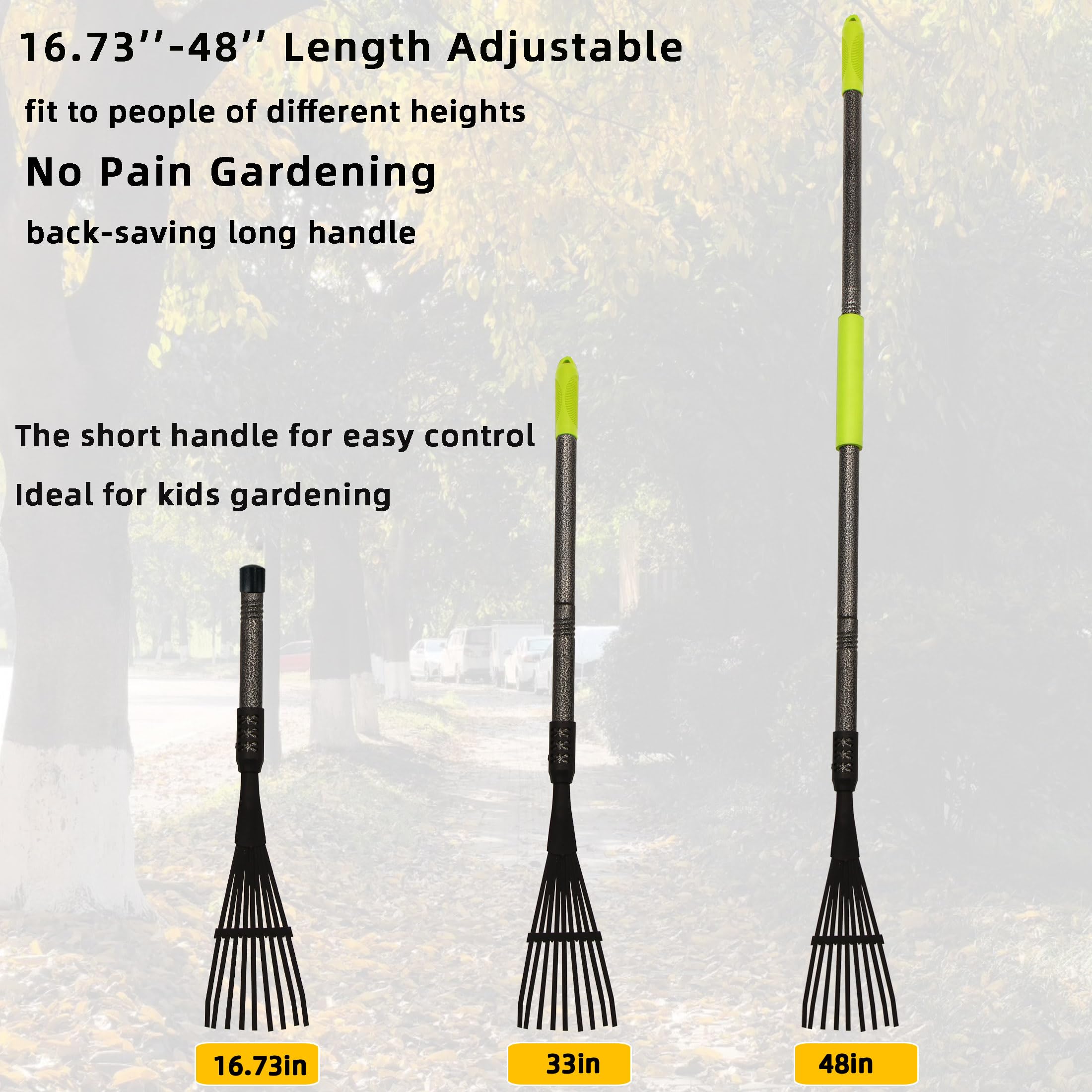 Gartenrechen für Blätter, 121,9 cm, Metall-Laubbesen mit Schaumstoff-Griff, 9 Zinken, kleine schmale Rechen mit verstellbarem langem Griff, Rechen für Rasen, Gartenarbeit, Hof, Blumenbeet, Gras, Mulch
