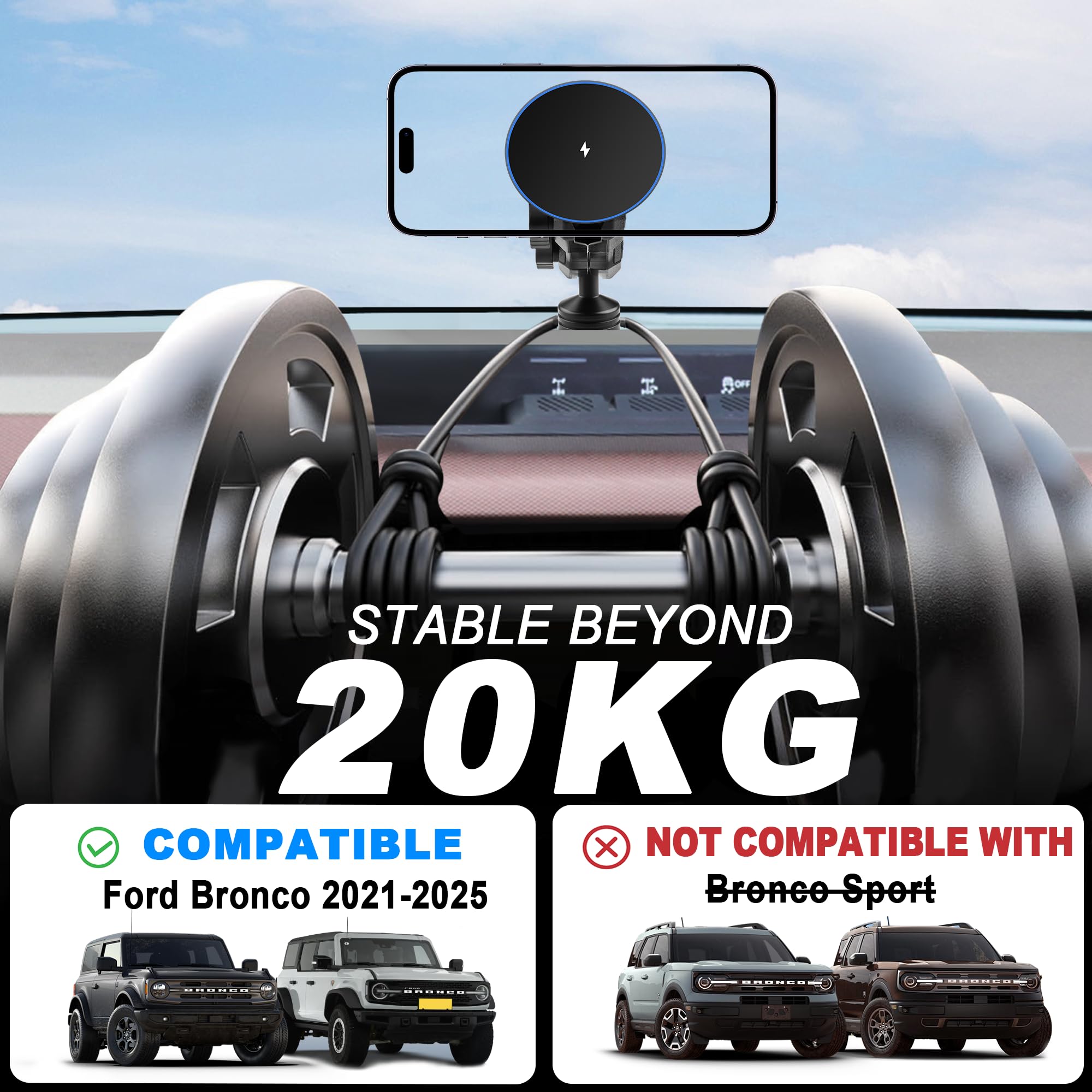 Supporto magnetico per telefono di ricarica wireless per Ford Bronco 2021-2026 2/4 porte | Magsafe - Supporto per cellulare per Ford Bronco, accessorio Bronco con cavo da 1,5 m, non per Bronco Sport