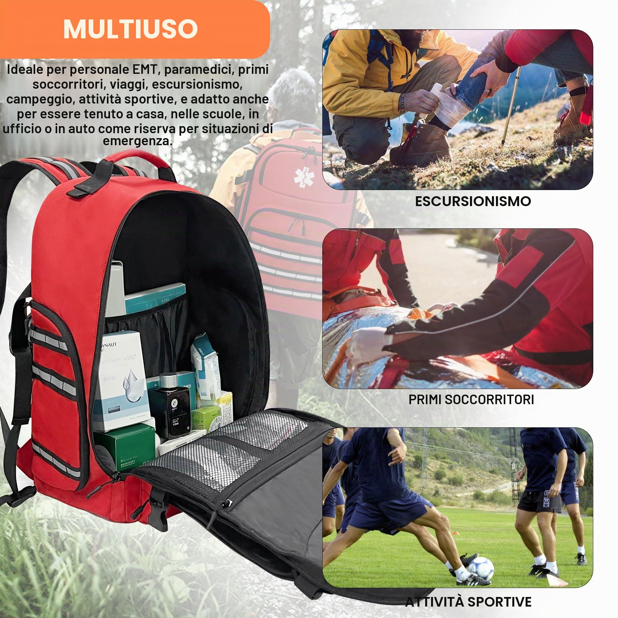 Zaino medico professionale, zaino di primo soccorso vuoto, con striscia riflettente e fondo antiscivolo, per campeggio, escursionismo e viaggi (rosso, grande)