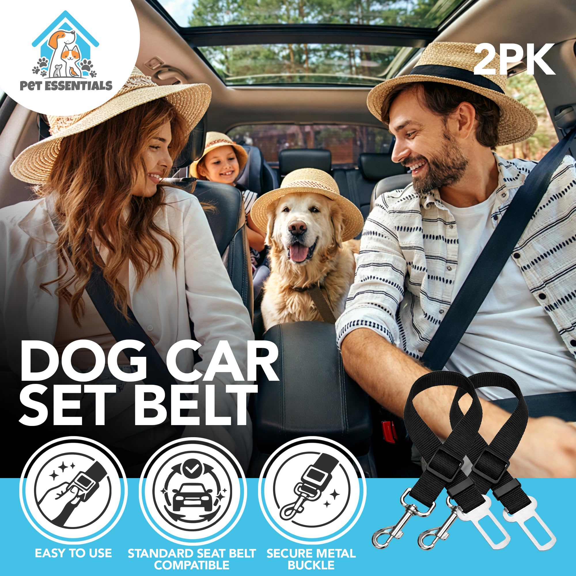 SOL 2pk Dog Seat Belts For Cars UK, 70cm Adjustable Seatbelt Harness Strap for Dogs, Durable Nylon with Secure Clip-On Design, Car Harness for Dogs UK, Snug Fit for Any Breed Size, Easy to Install — view 3