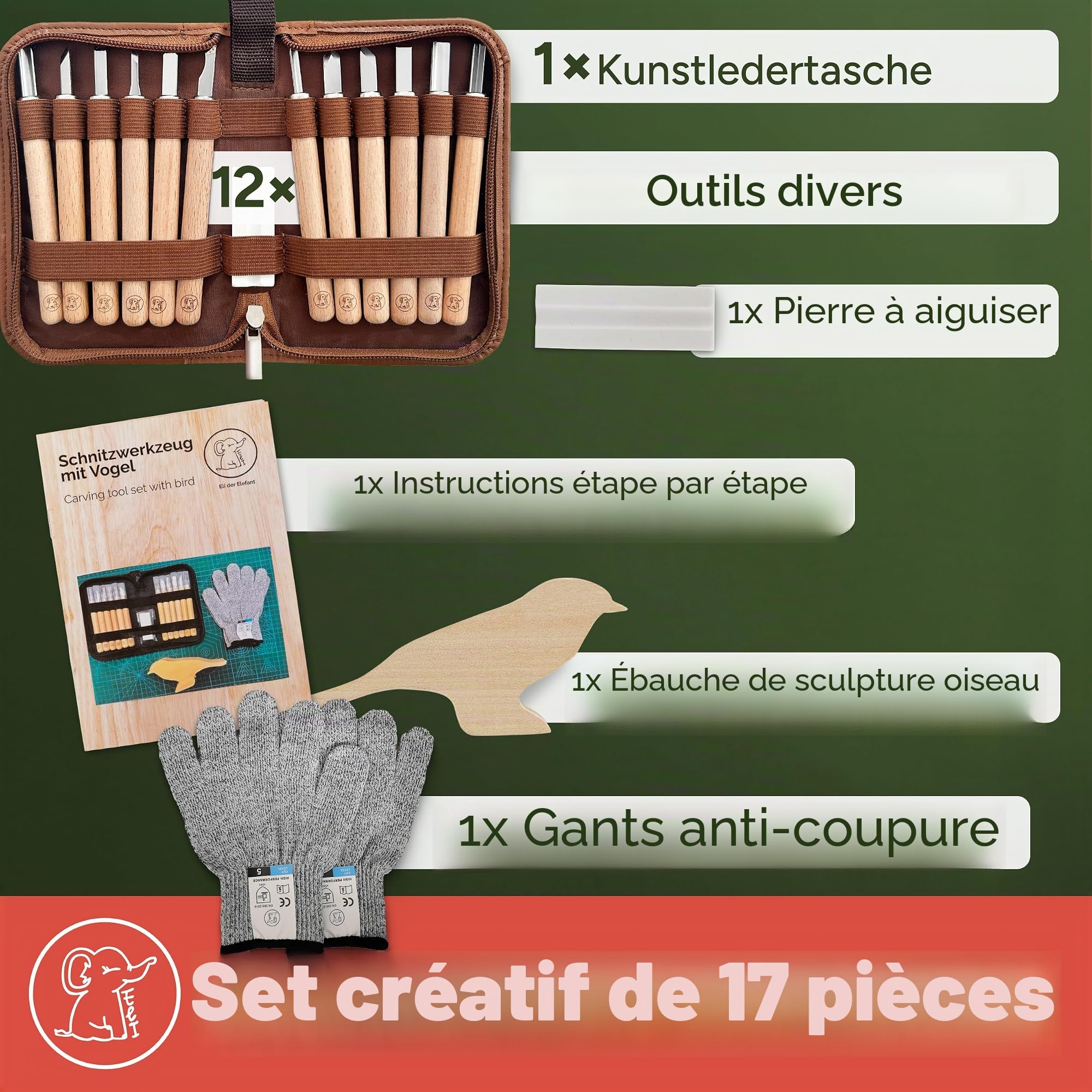 Eli Kit de sculpture pour enfants (17 pièces) avec instructions (français non garanti) – Ébauche en bois – 12 outils de qualité supérieure – Couteau de sculpture avec pierre