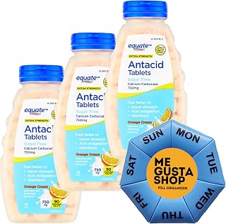 Equate Extra Strength Sugar-Free Antacid Chewable Tablets, Orange Cream,750 mg, 90 Count Pack of 03 Total 270 Includes Pill Organizer