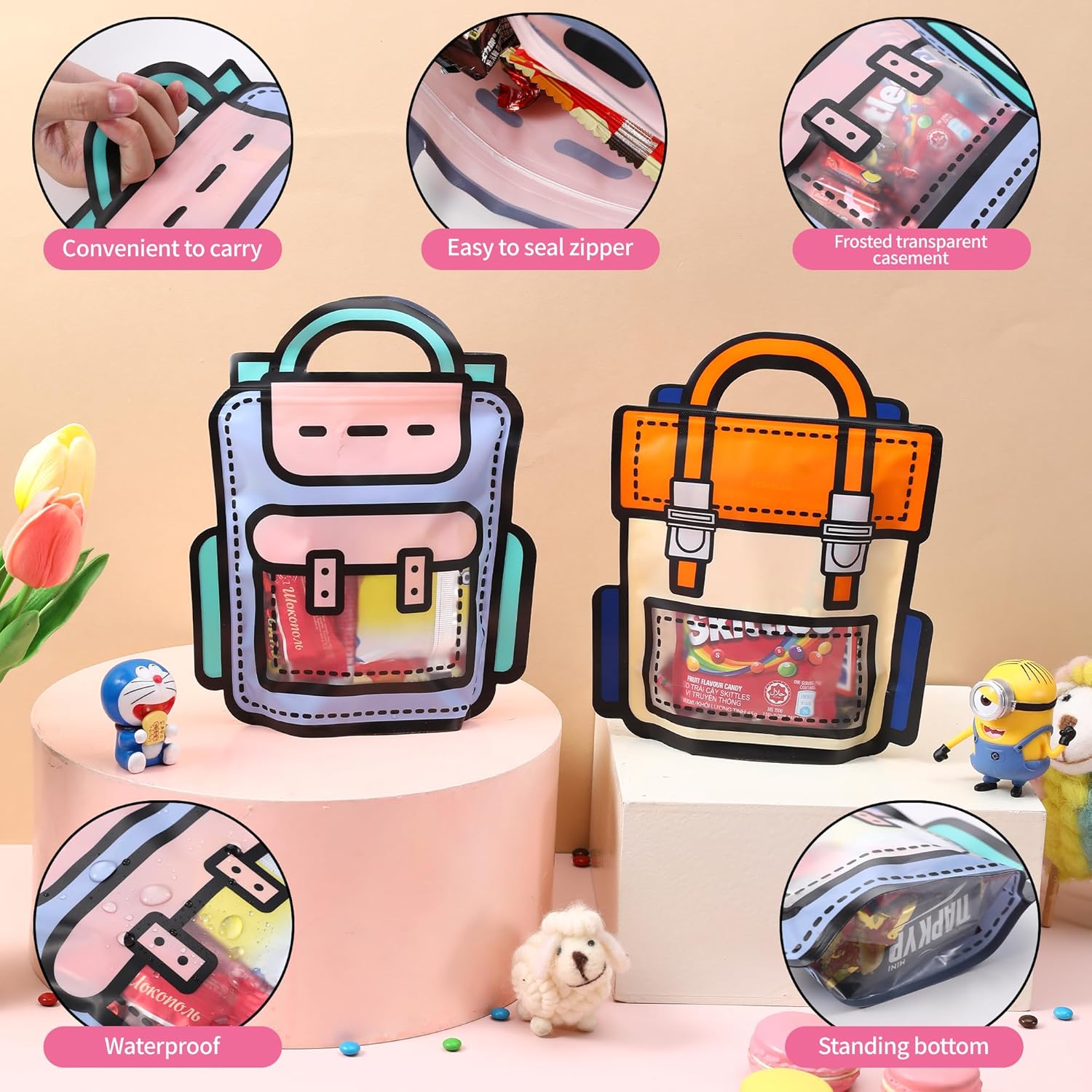 Lati Large Classroom Plastic Gift Bags with Handles,20PCS Cartoon Backpack Bag for Party, Wedding, Birthday, Bulk Goodie Bags for Candy, Party Favors, Snacks - Image 3