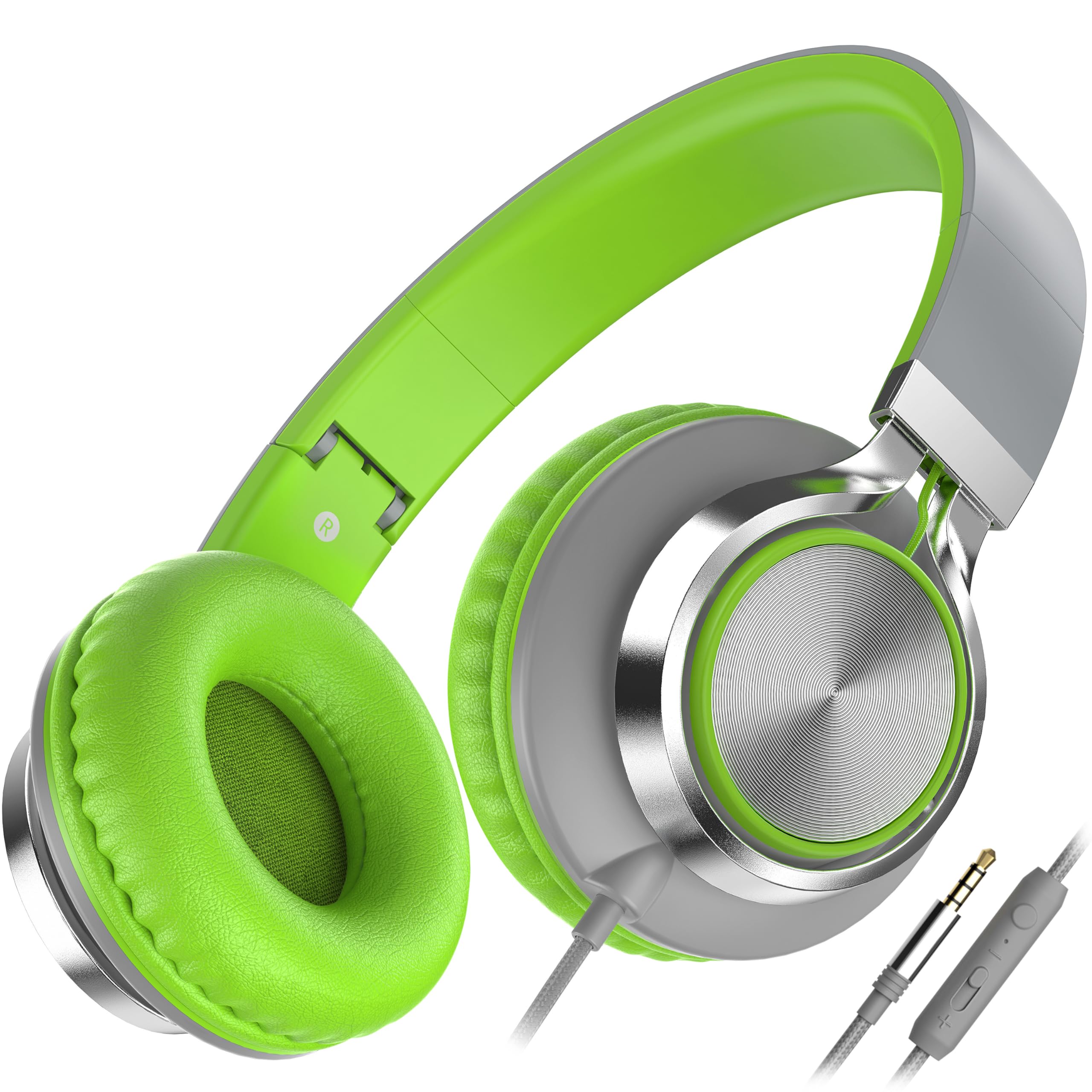 Ailihen C8 Foldable Headphones with Microphone and Volume Control Lightweight Stereo Headsets for 3.5mm Android Cellphones Smartphones Laptop Computer Mp3(Grey/Green)