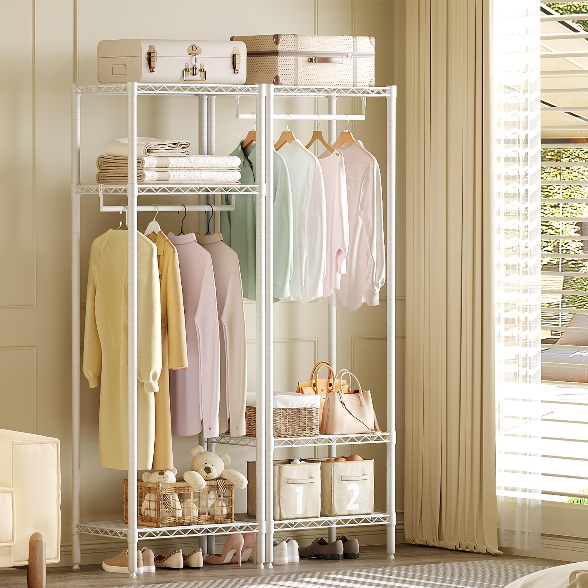 Perchero de Pie Mini Metálico, 3 Estantes y 1 Barra Colgadora, Blanco, 60x40x180 cm, Ahorro de Espacio para Dormitorio y Salón