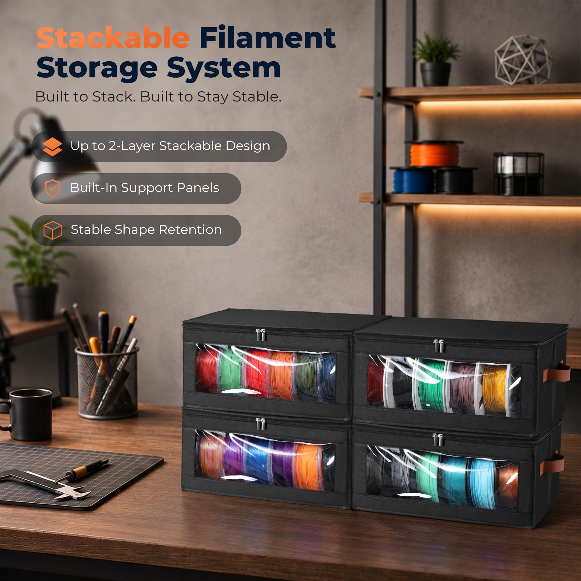 YOOPAI Filament-Aufbewahrungsbox, 6er-Pack Stapelbarer Aufbewahrungsboxen für 36 Rollen 3D-Drucker-Filaments, Faltbar aus Oxford-Gewebe mit transparentem Sichtfenster, PP-Stützplatten und Tragegriffen