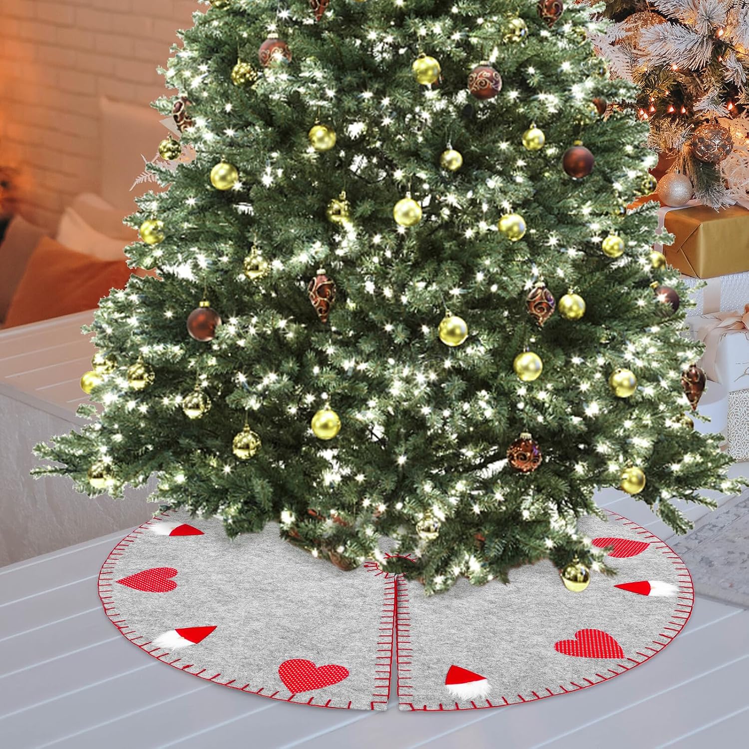 HEMOTON 100cm Wool Felt Christmas Tree Skirt Santa Claus Xmas Tree Dress Festival Decor Holiday Base Mat for Home Party Supplies