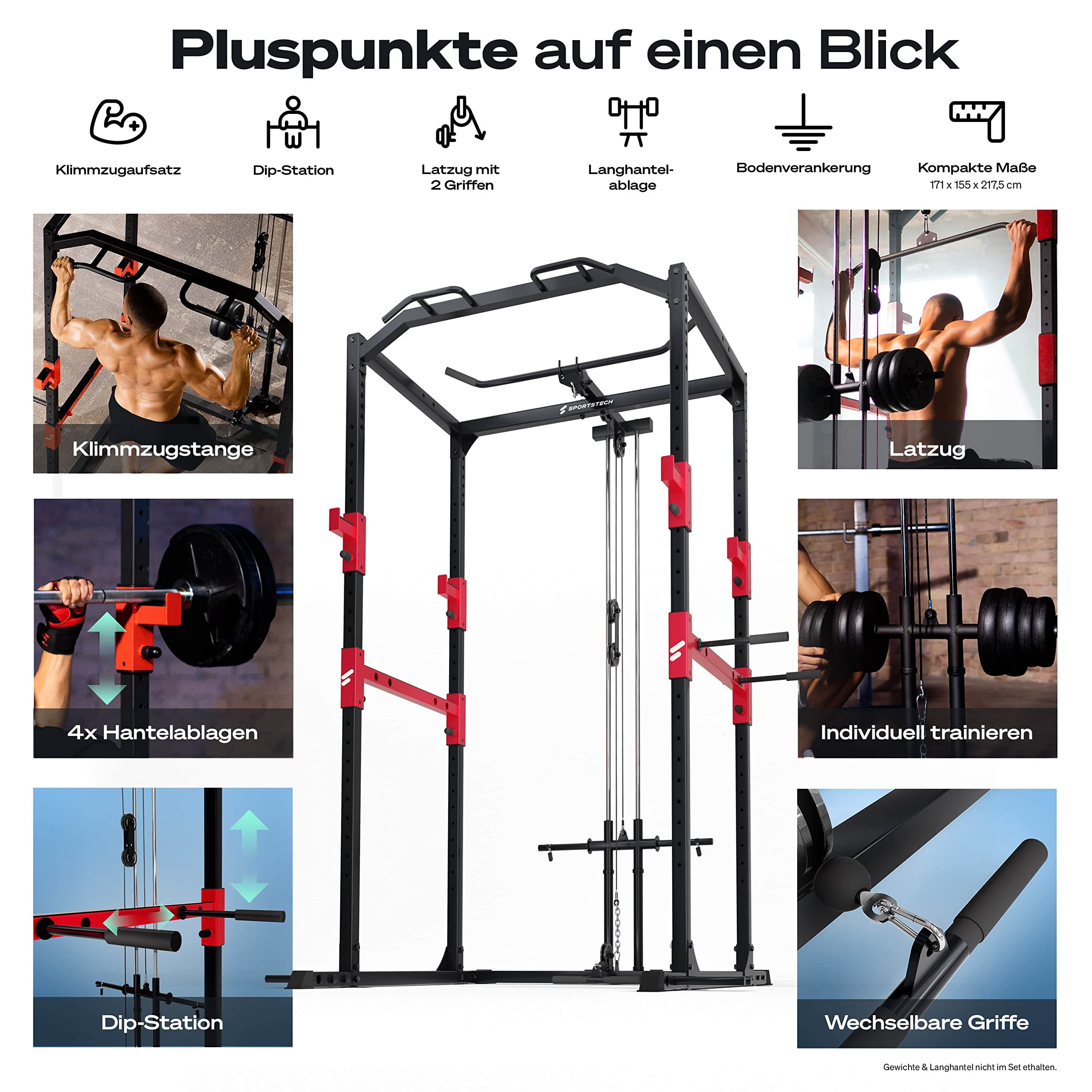 Sportstech Power Rack + Klimmzugstange | Sprossenwand, Squat Rack mit Latzug + 2X Griffe | App mit On Demand Kursen | Station mit Ablage für Langhantel | Kraftstation: Fitness für Zuhause |FPR300/350