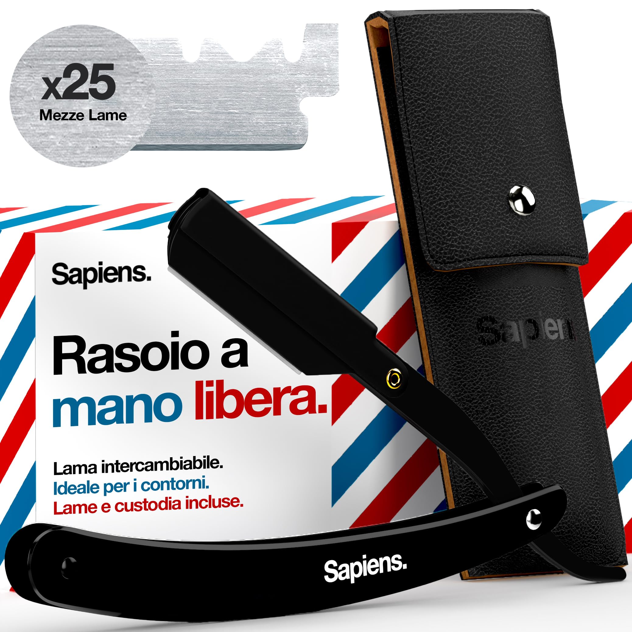 Sapiens Rasoio a Mano Libera - Rasoio Barba Uomo + 25 Mezze Lamette Barba + Custodia da trasporto - Rasoio Manuale con Lama Intercambiabile per Taglia Barba
