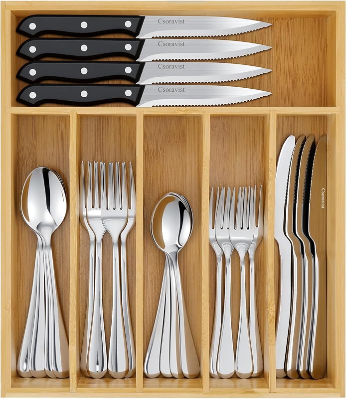 Juego de cubiertos de 49 piezas con organizador de bambú, juego de cubiertos para 8 | Acero inoxidable resistente, juego de cubiertos con cuchillos para carne, inoxidable, apto para lavavajillas