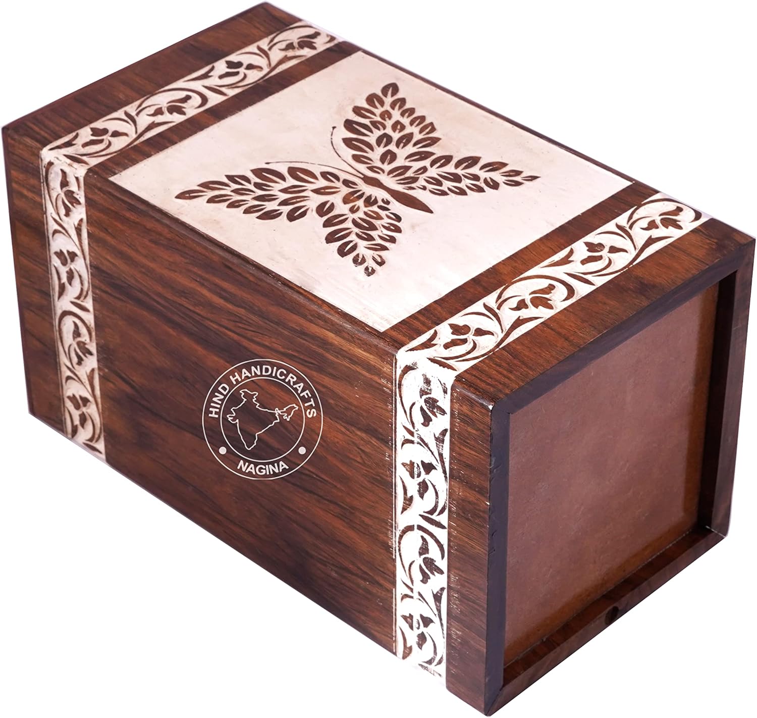 Butterfly Engraved Wooden Cremation Urn for Human Ashes Adult Large – 250 cu in Rosewood Burial Box – Funeral Urn for Memorial, Columbarium, or Home Use