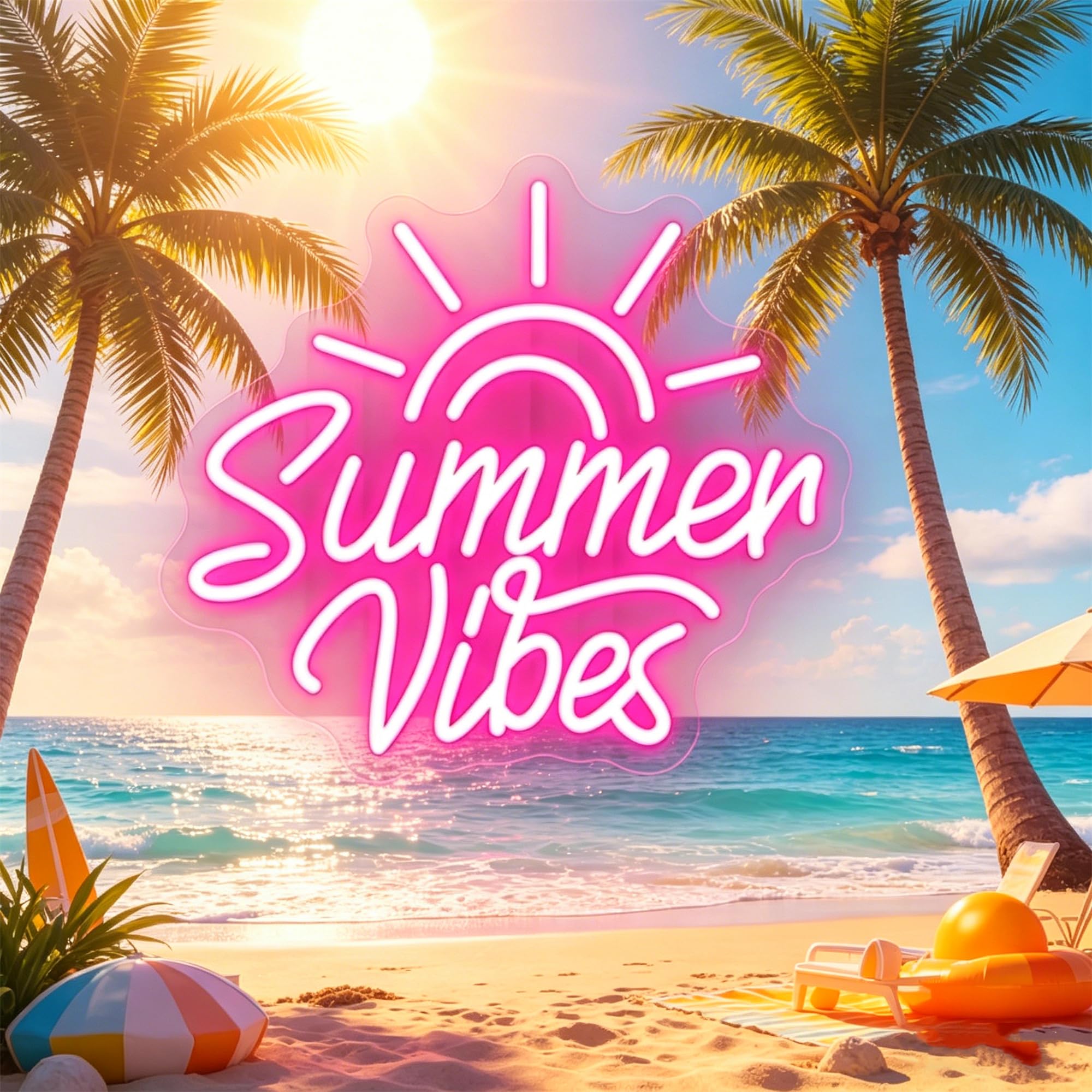 Summer Neon Light Sign Summer Vibes Neon Sign for Bedroom Bar Party Dorm Wall Art Decor,5V USB Powered Acrylic Neon Signs with Dimmable Switch and Hanging Chain(12.9x11.8Inches)