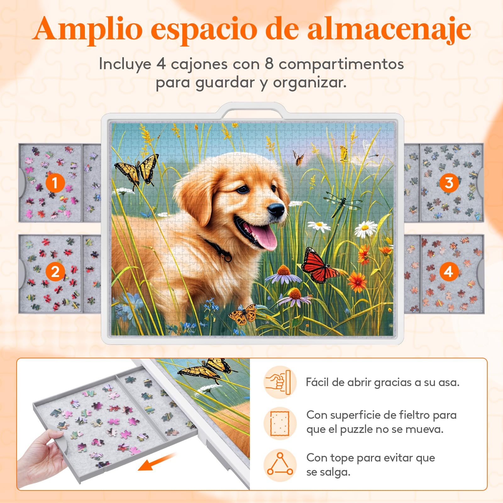 Lifewit 1500 PCS Mesa Puzzle Móvil con 4 Cajones, Tablero para Puzzle con Tapa, Estantes de Fieltro y Soportes Inclinables, Mesa de Rompecabezas Ajustable con Ruedas