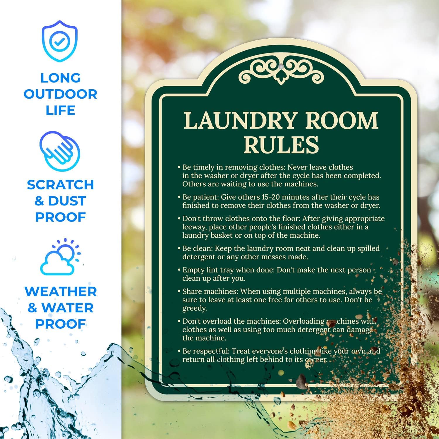 Laundry Room Rules Décor Sign, Green Dark, 18x24 Inches, ACM, Fade Resistant, Made in USA