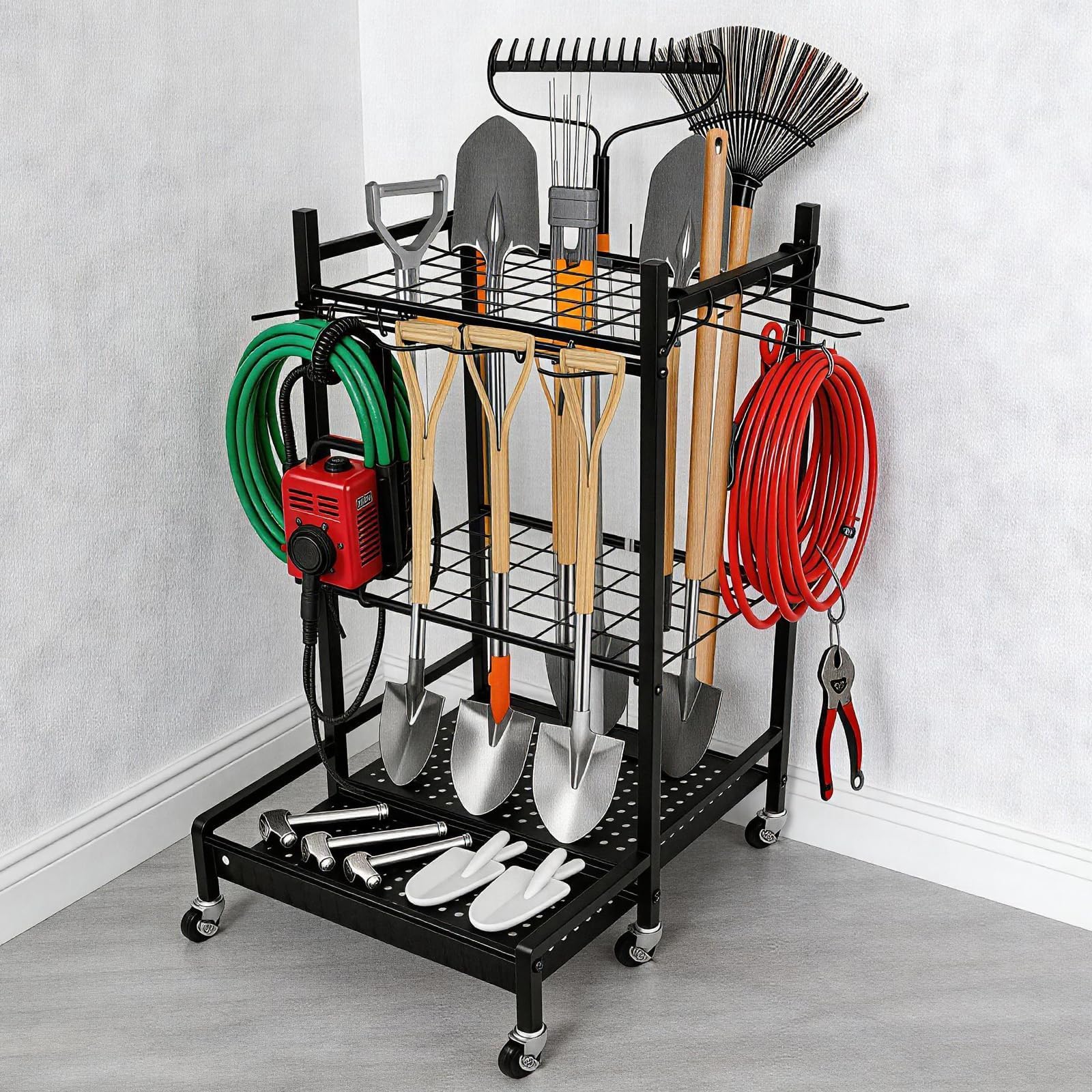 Organiseur d'outils de jardin et étagère de rangement, organisateur d'outils de cour, étagère à outils autoportante en métal, pour garages, jardins, abris de jardin, noir