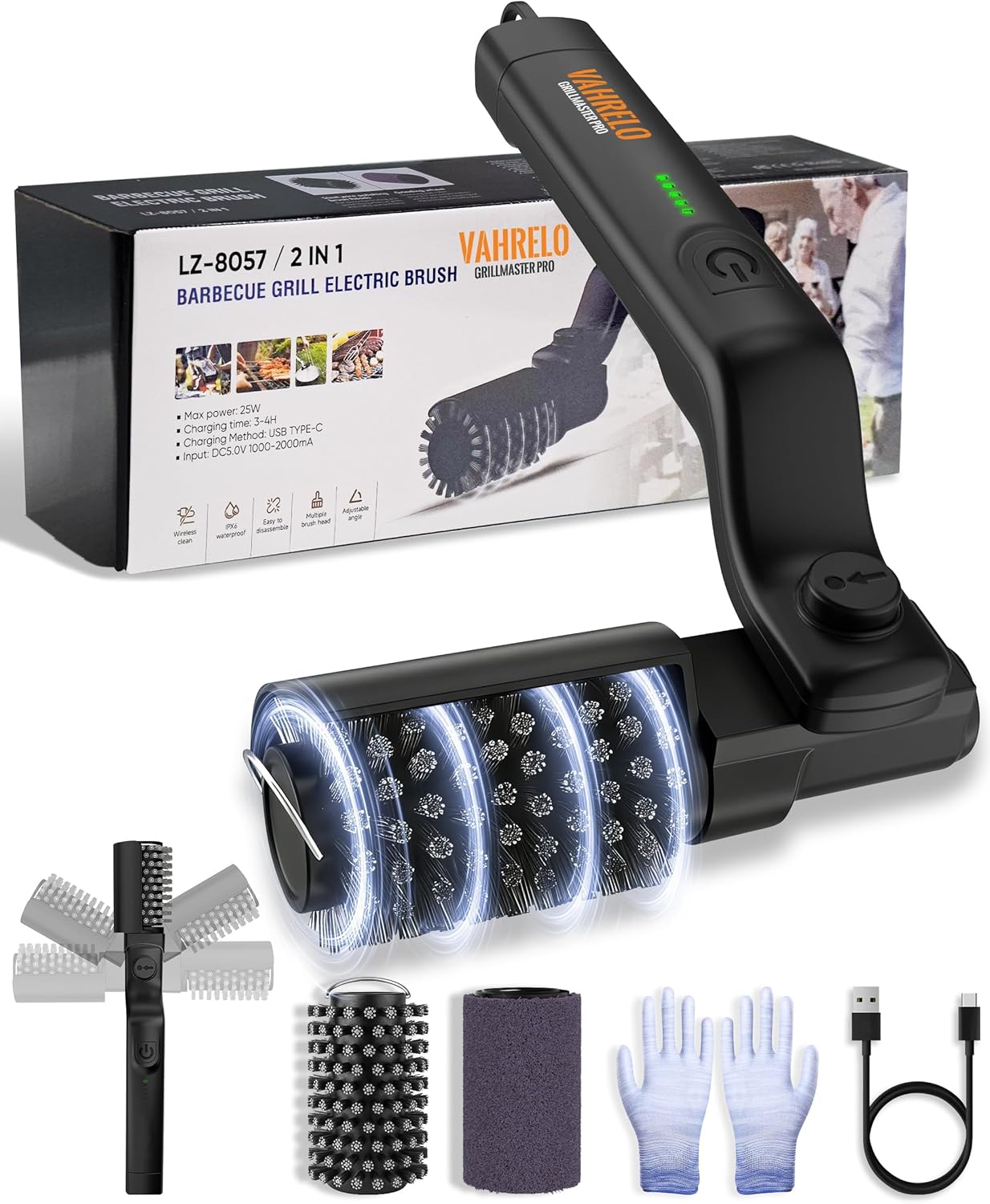 Electric Grill Brush with 3-Speeds, 2026 NEW Angle Adjust Cordless Rotary BBQ Grill Cleaning Brush for Burnt-On Grease, 20kg Max Torque, Heavy‑Duty Steel Bristles