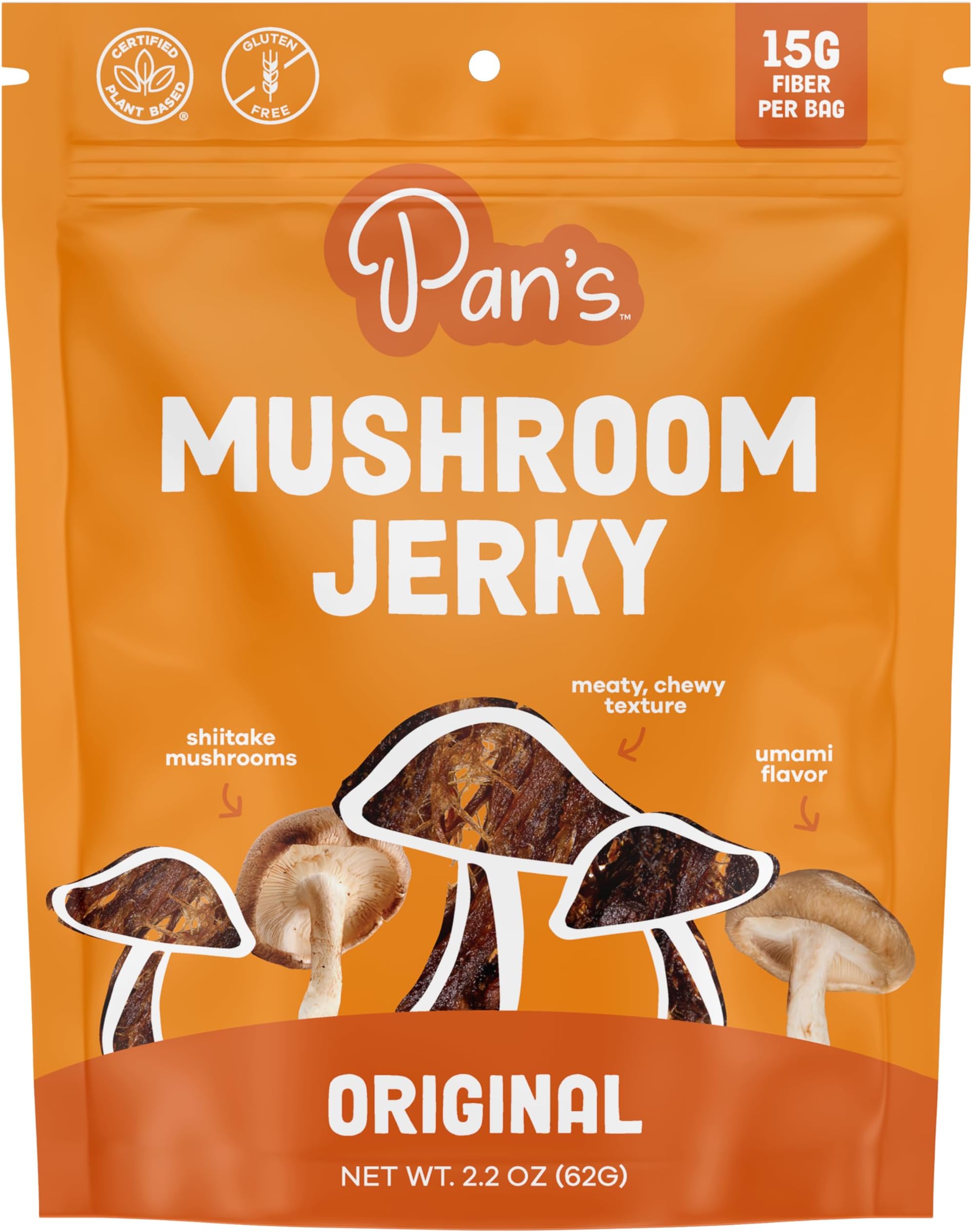 Pan's Mushroom Jerky, Organic, Vegan Snacks, Dried Mushrooms Shitake, Plant based Jerky, Meatless Jerky, Gluten Free, High in Fiber, with Original flavor (2.2 Ounce, Pack of 1)