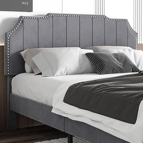 Miniatura 6 de VECELO Base de cama tapizada de tamaño matrimonial con cabecera ajustable copetuda, base de colchón, soporte de listones de madera, fácil montaje,