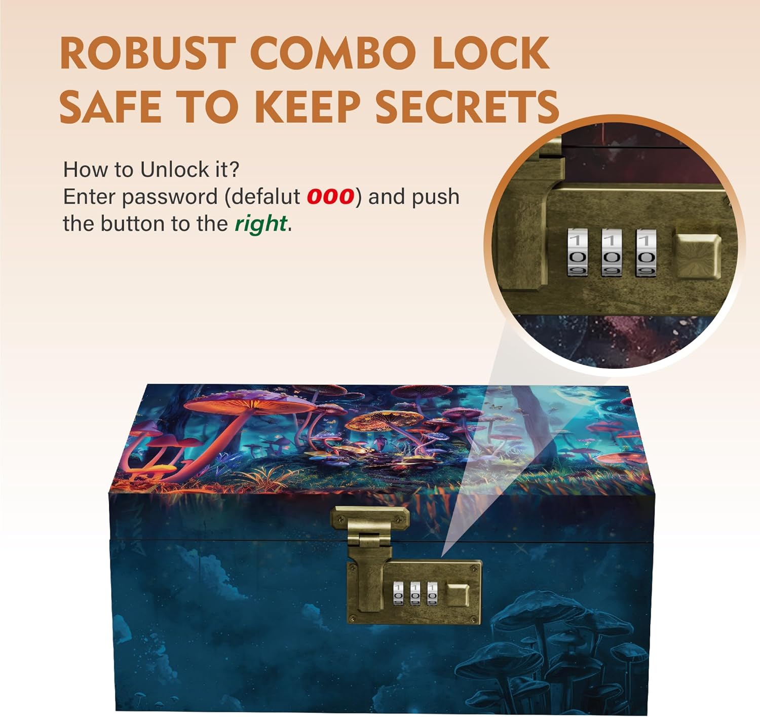 Large Bamboo Box with Combination Lock, Wooden Printed Decorative Storage Box, Stash Storage Lock Box as Great Gift Choice, Lockable Keepsake Box for Storage Trinkets, Coffee Beans, Tea etc(Mushroom)